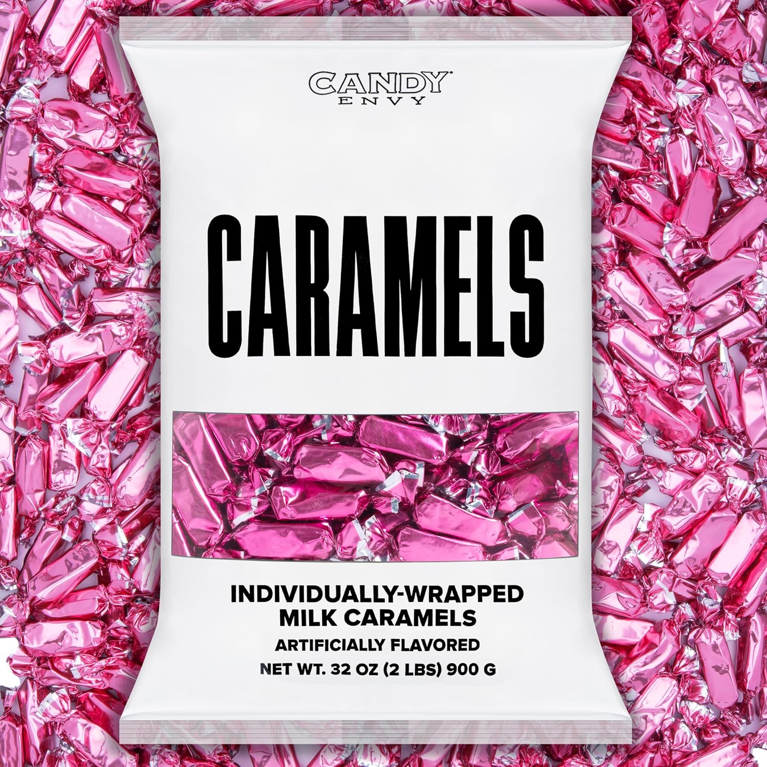 Candy Envy hot pink foil wrapped caramels front view bulk two pound bag