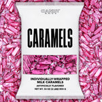 Candy Envy hot pink foil wrapped caramels front view bulk two pound bag