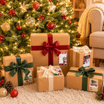 DreamBuilt Christmas labels applied on gift box