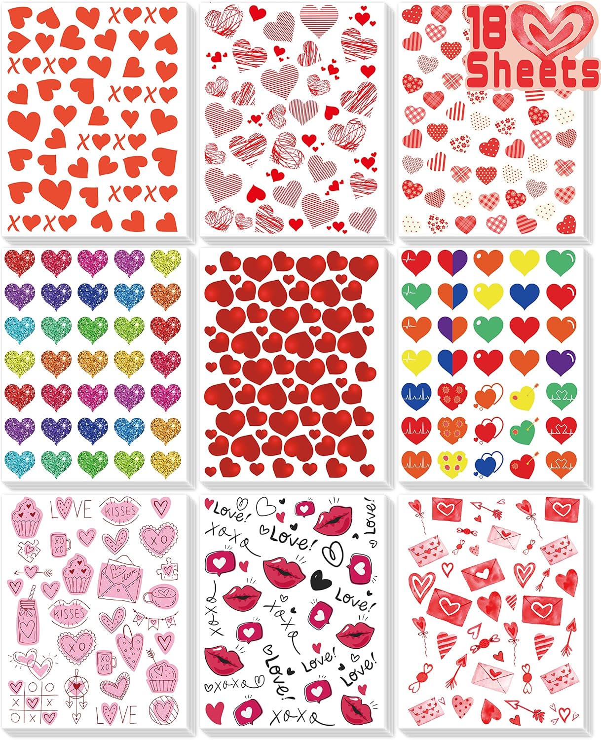 LINAYE Valentines Stickers for Kids front view of multiple heart themed craft sheets.