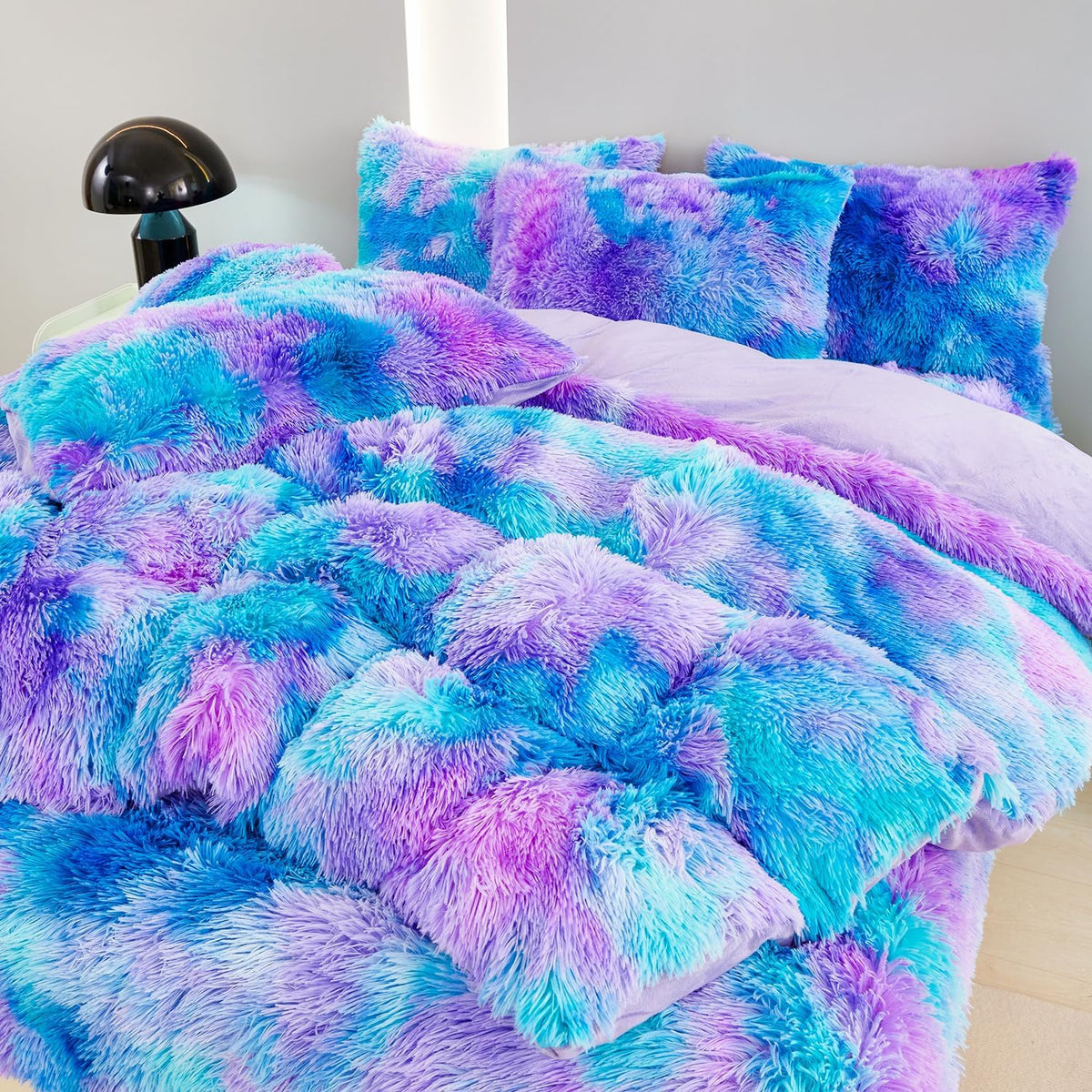 SUCSES blue purple fluffy twin bedding sets front view showcasing colorful shaggy faux fur on a bed