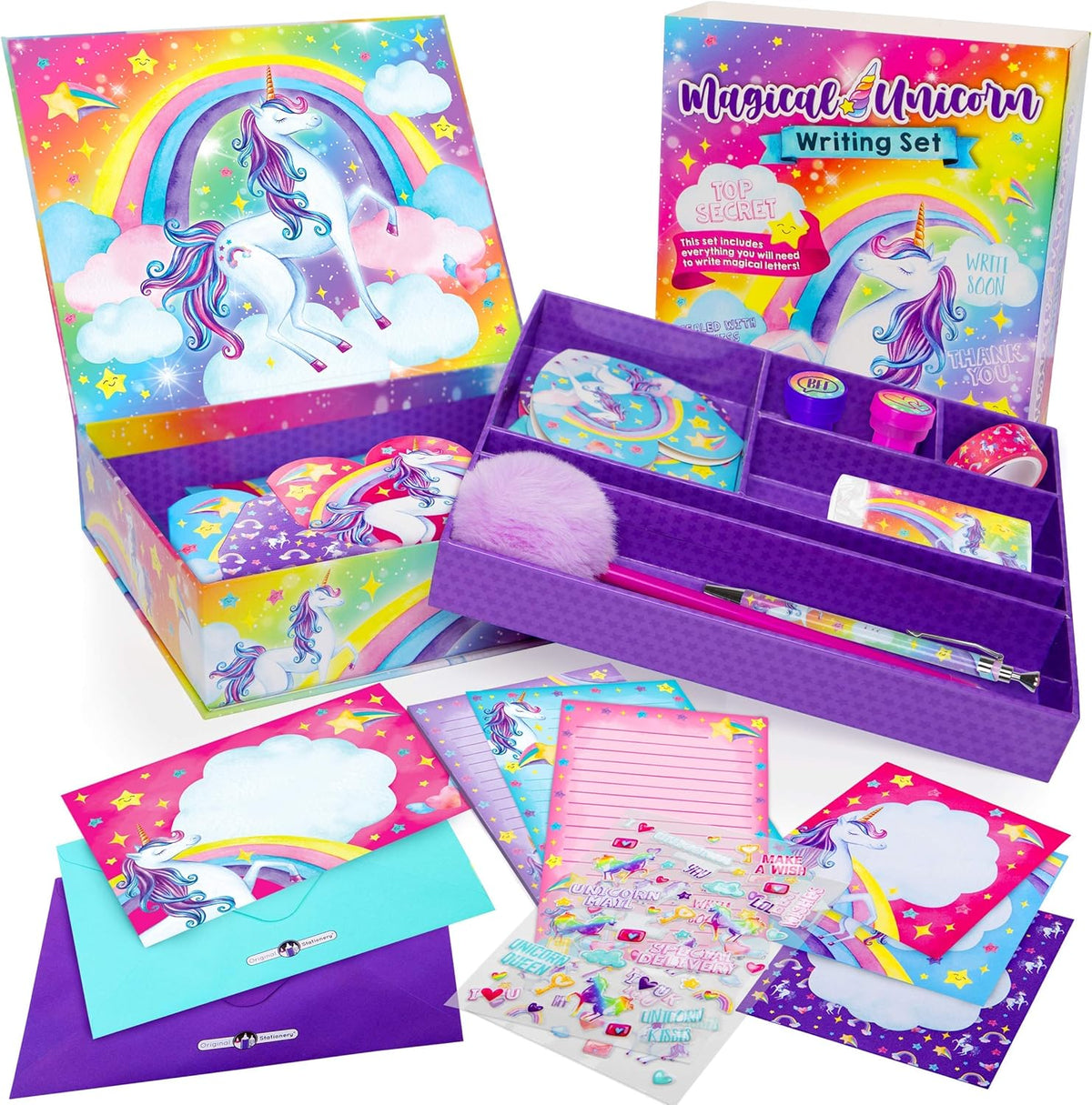 Original Stationery Unicorn Letter Writing Kit front view showing the purple storage box packaging.