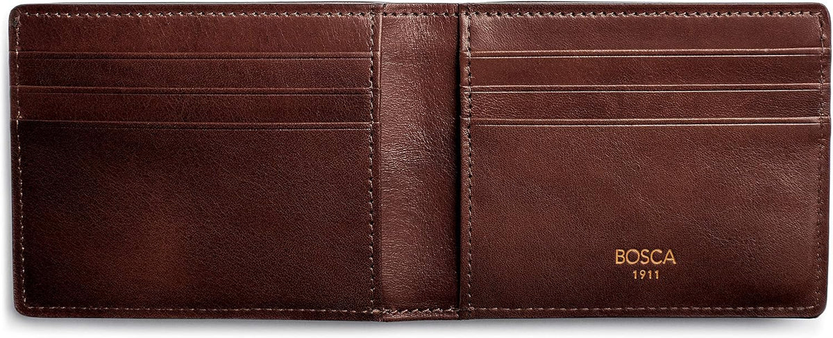 Bosca slim bifold wallet hand-stitched edge close up