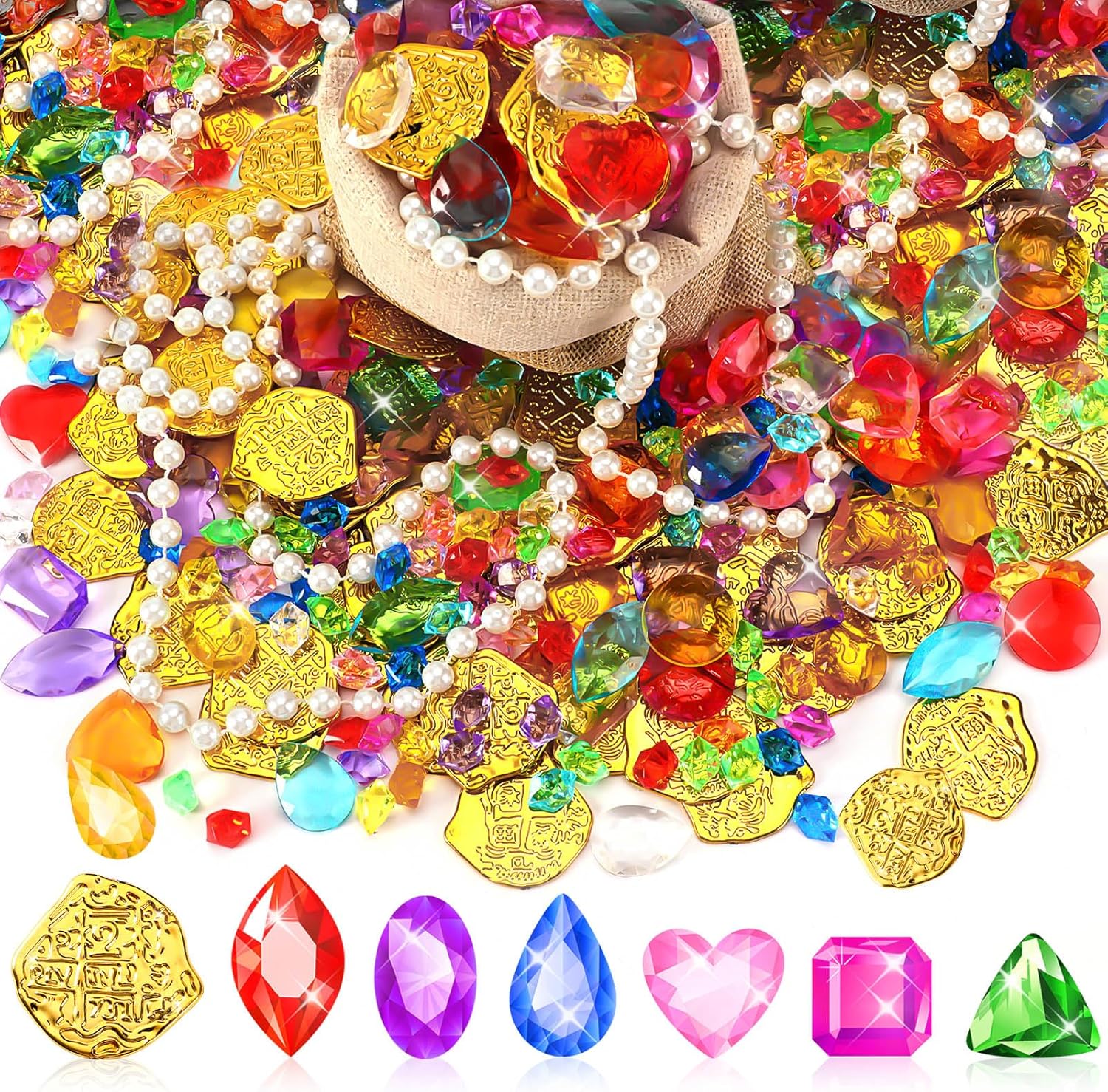 Marforever pirate treasure gems and gold coins playset front view showing full two hundred forty six piece collection.