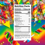 Individually wrapped twisty rainbow suckers spread out showing vibrant colors.
