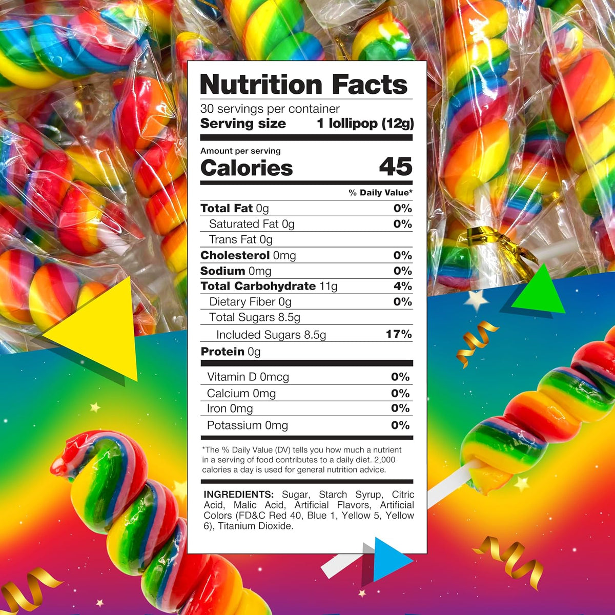 Individually wrapped twisty rainbow suckers spread out showing vibrant colors.