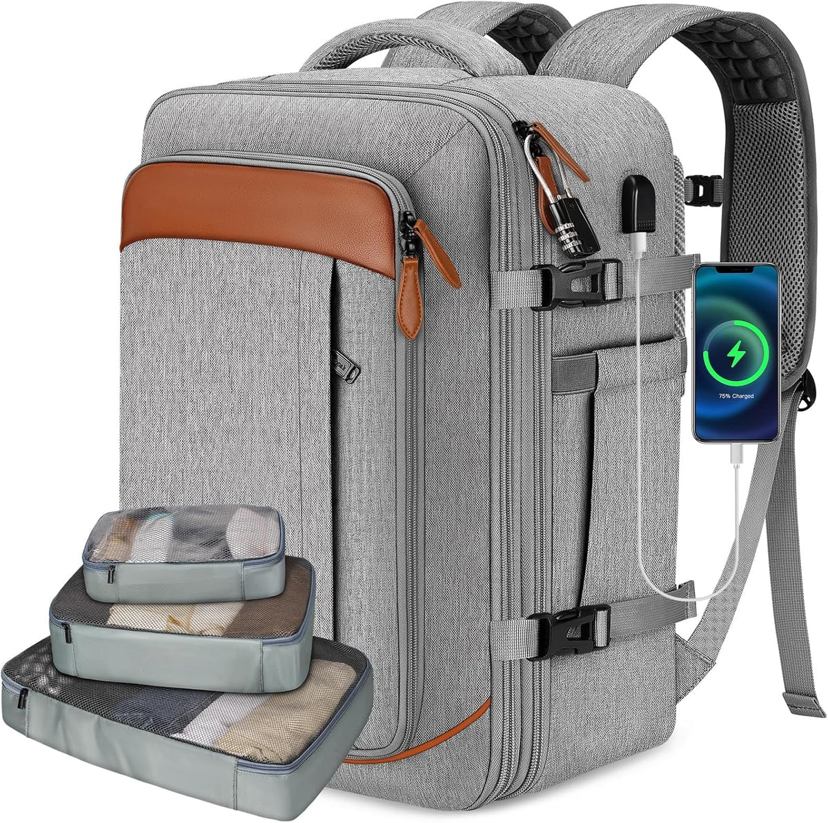 Vancropak carry on travel backpack front view grey expandable luggage bag