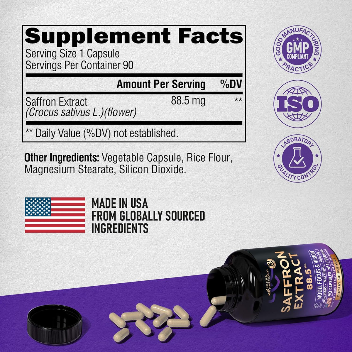 Side profile of NutraHarmony Saffron extract supplement bottle showing brand logo.
