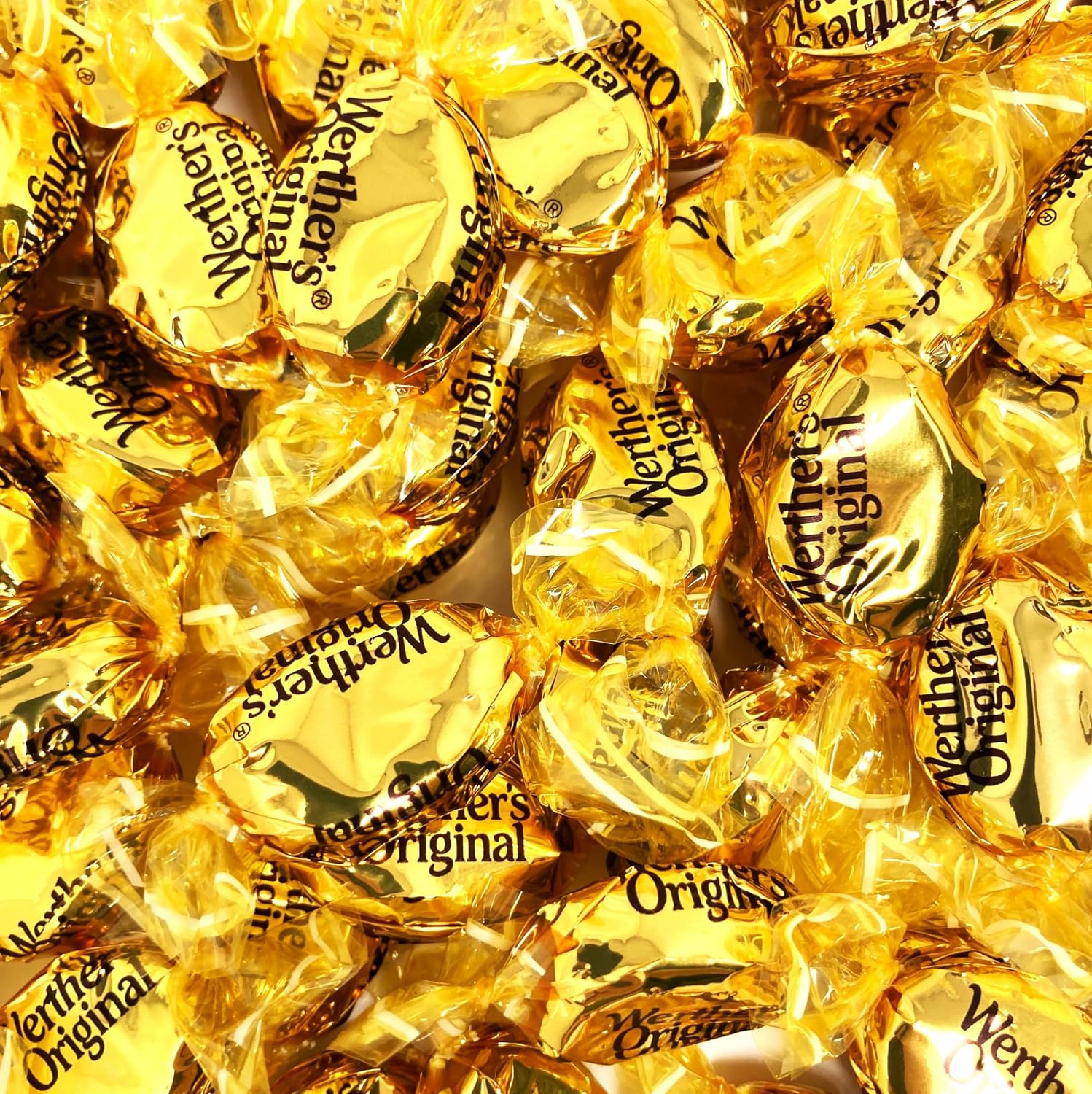 Donty-Tonty original hard caramel candies bulk bag front view showing gold foil wrapped sweets.