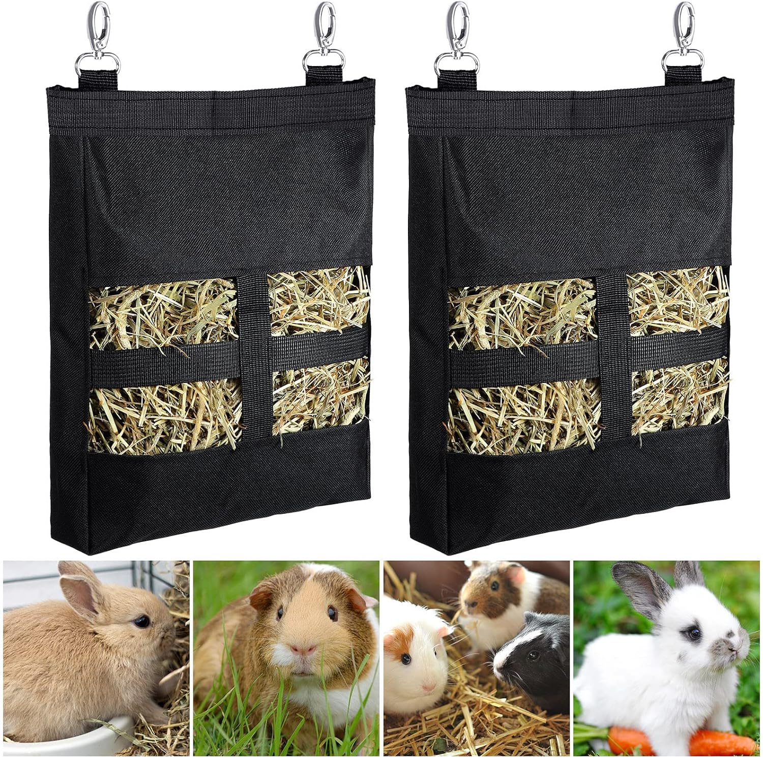 Frienda 2 Pcs Guinea Pig Hay Bag 11 x 9.1 Inch Guinea Pig Hanging Hay Feeding Bag Storage Dispenser for Chinchilla Hamster Bunny Small Animal Pet(Black) - Image 1