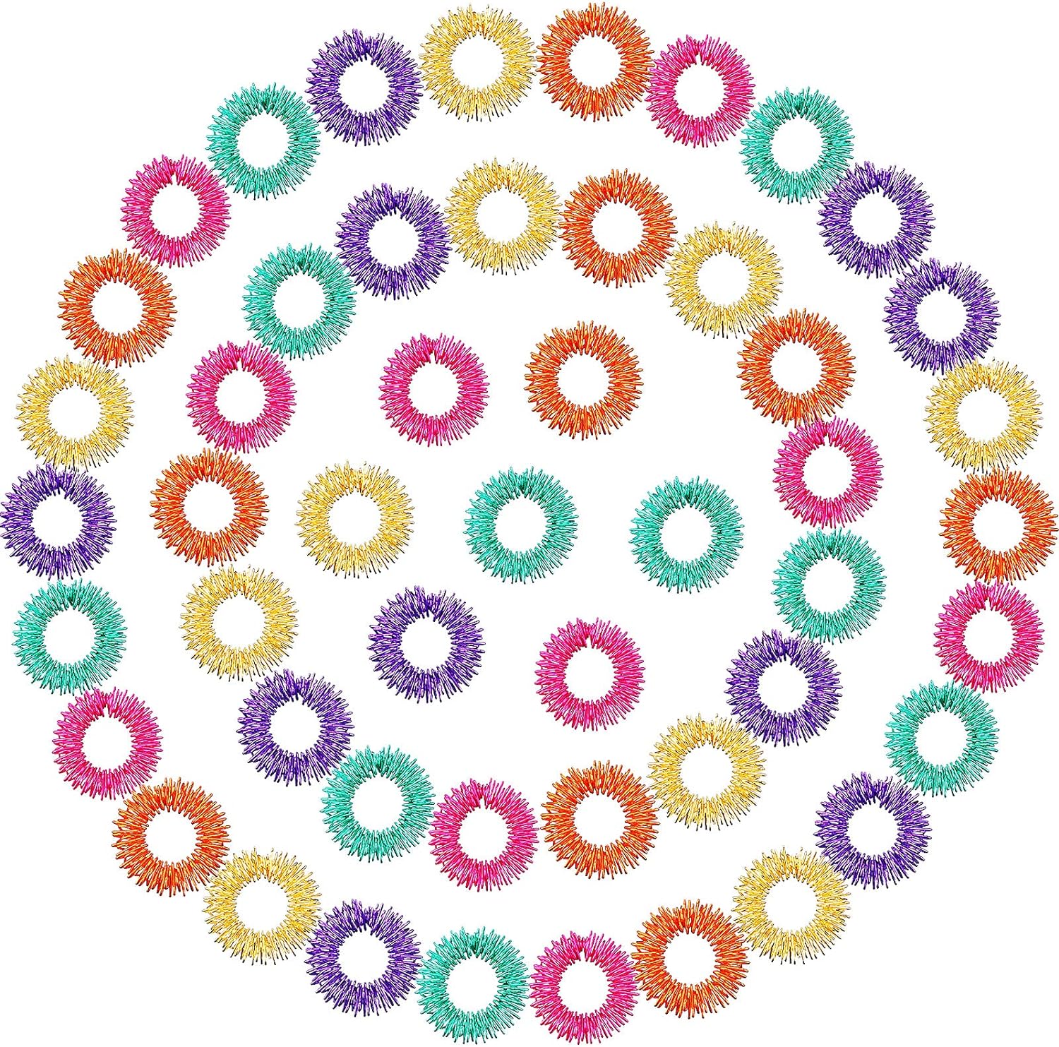 Blulu acupressure fidget rings 50 pieces pack front view showcasing vibrant multicolored spiky sensory finger massagers.