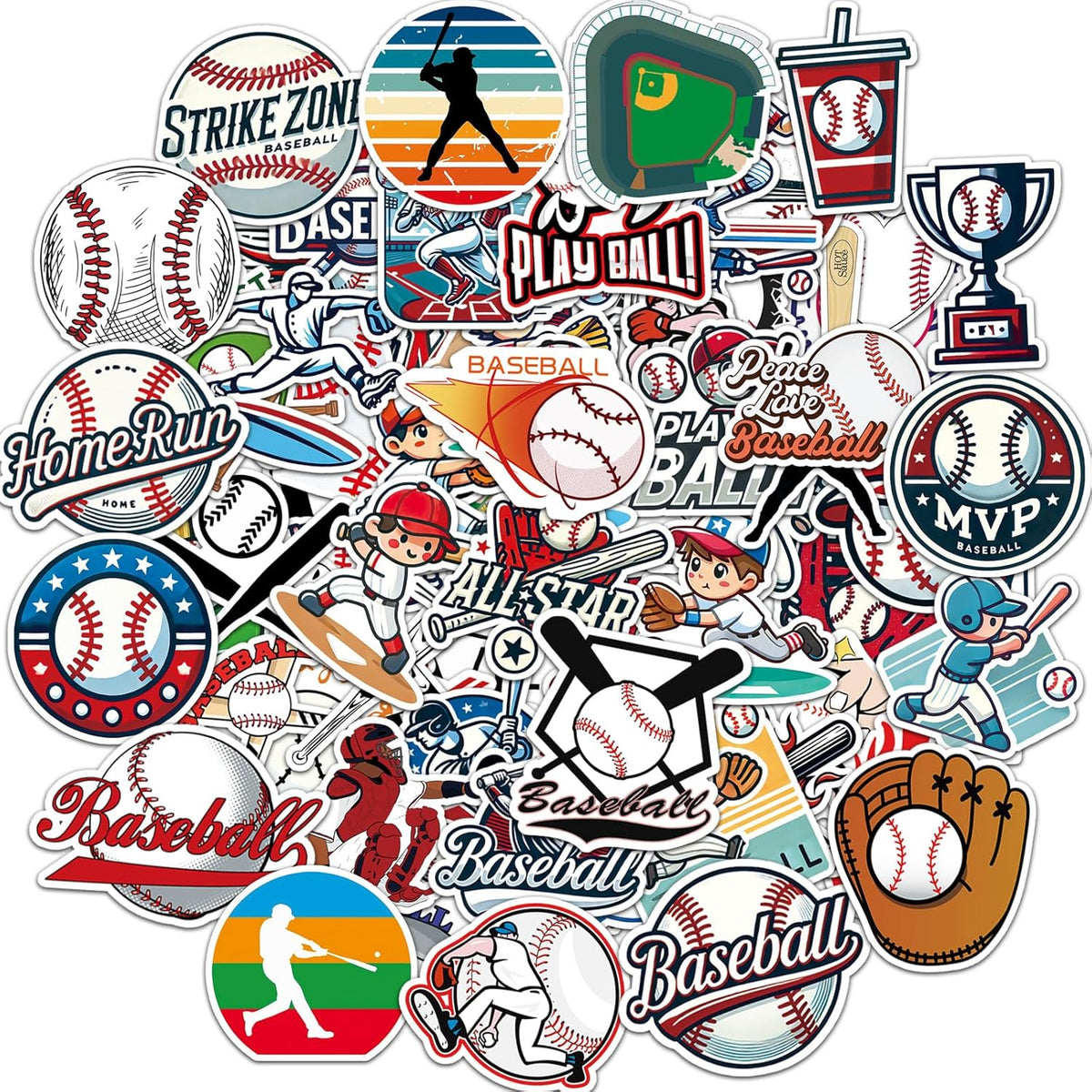 RhythmFit baseball stickers pack of 100 front view displaying assorted waterproof vinyl sports designs.