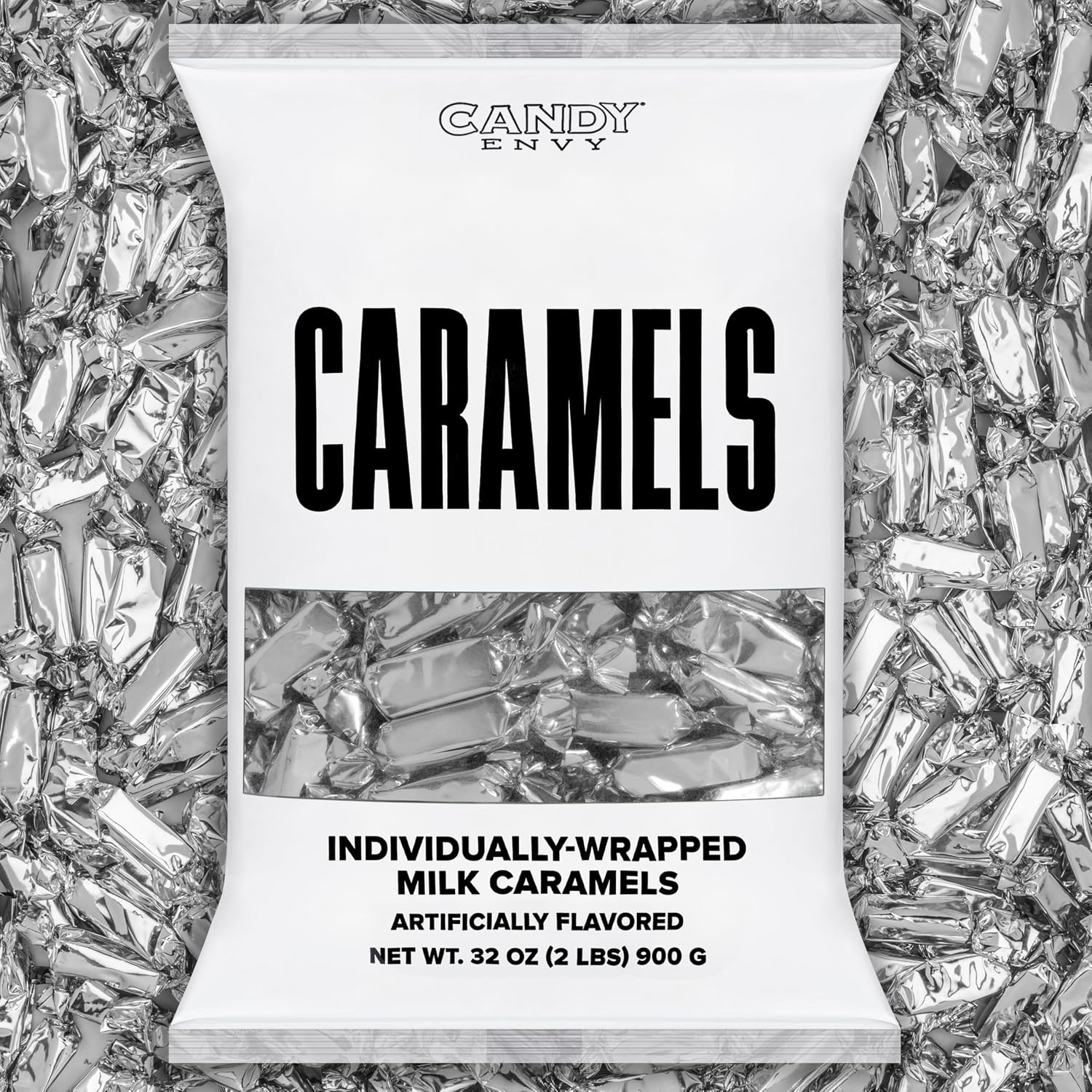 Candy Envy individually wrapped silver caramels bulk bag front view showing shiny silver packaging.