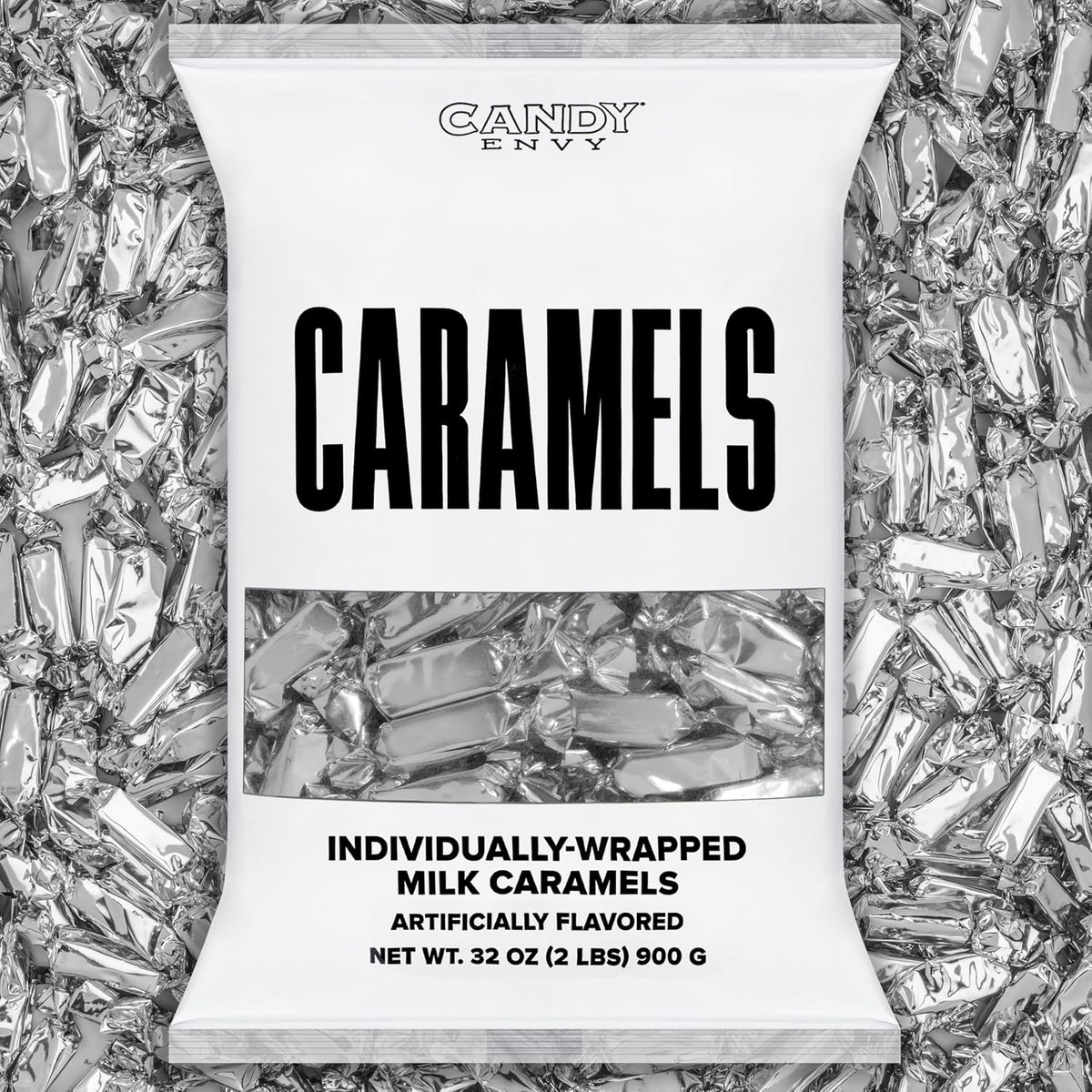 Candy Envy individually wrapped silver caramels bulk bag front view showing shiny silver packaging.