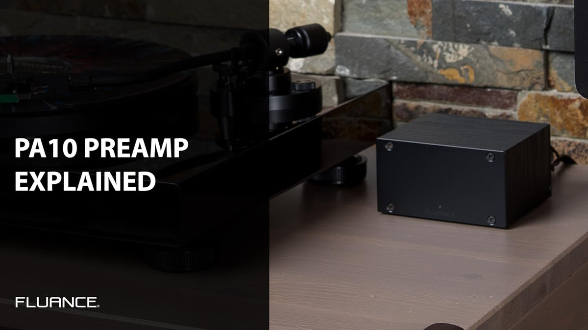 Fluance PA10 high fidelity preamplifier side angle view showcasing sleek compact desktop audio footprint.