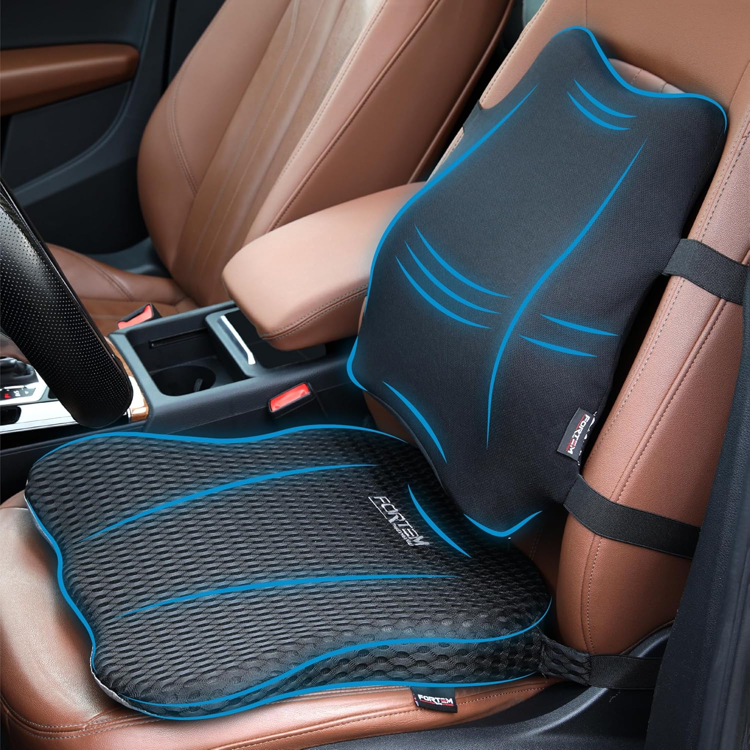 FORTEM Car Seat Cushion and Back Support Pillow set shown in a vehicle front view for posture correction.