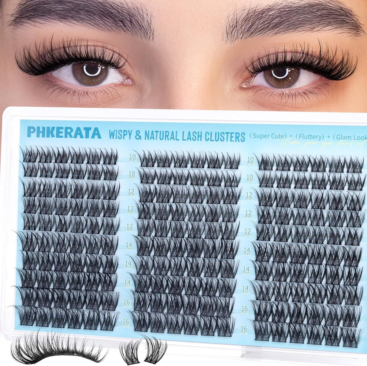 PHKERATA Wispy Lash Clusters Natural Eyelash Extensions front view showing organized rows of individual lashes in mixed lengths.