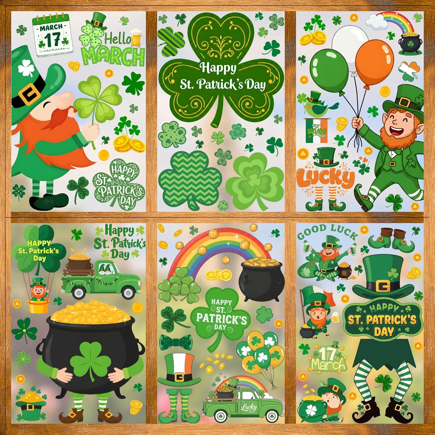 Backtopeia Saint Patricks Day Window Clings front view displaying colorful shamrock and leprechaun designs