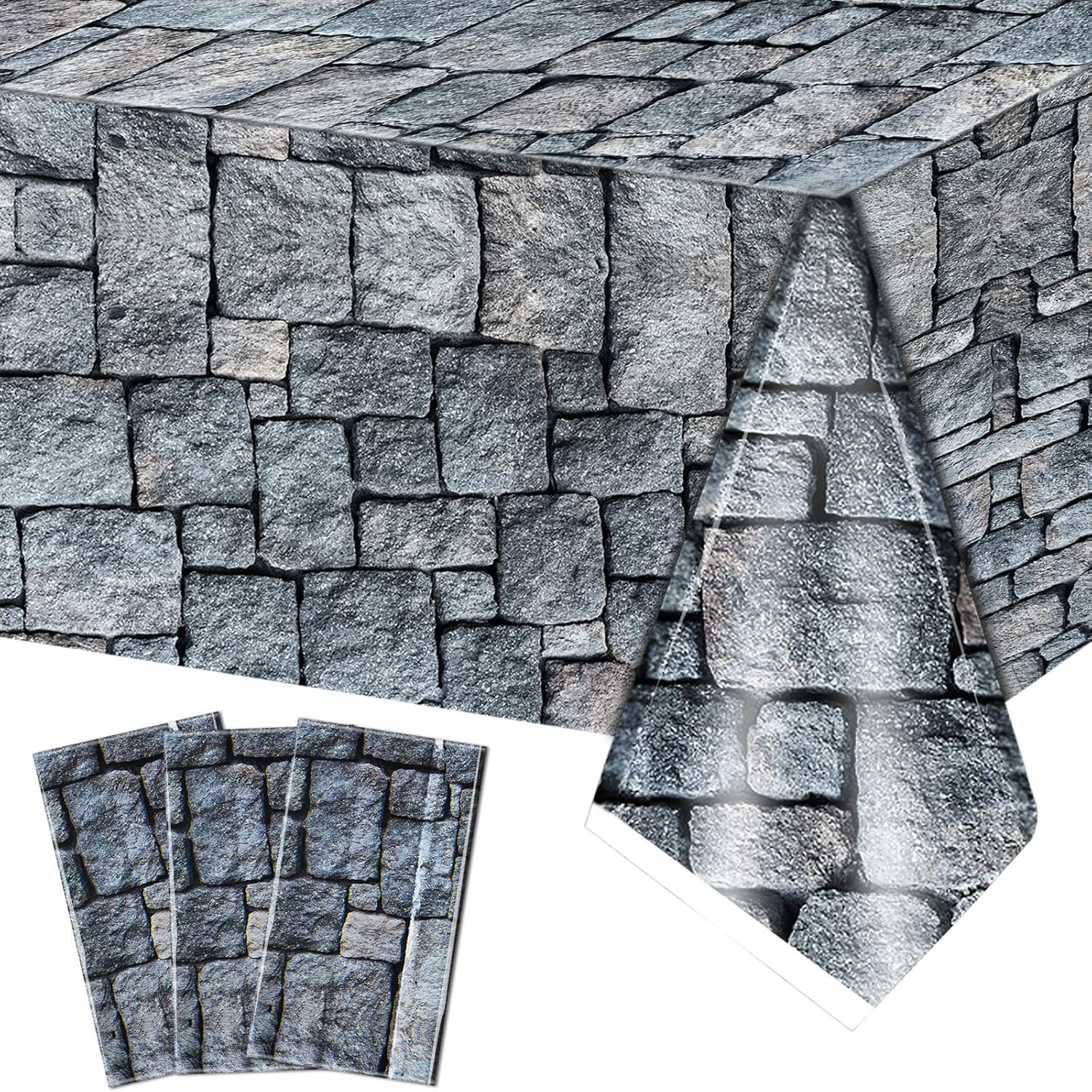 Irenare cobblestone plastic tablecloth front view showing realistic gray stone wall pattern print.