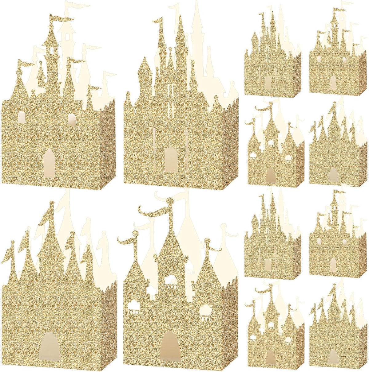 Geiserailie 20 Pieces Gold Castle Box front view displayed as princess party table decorations.