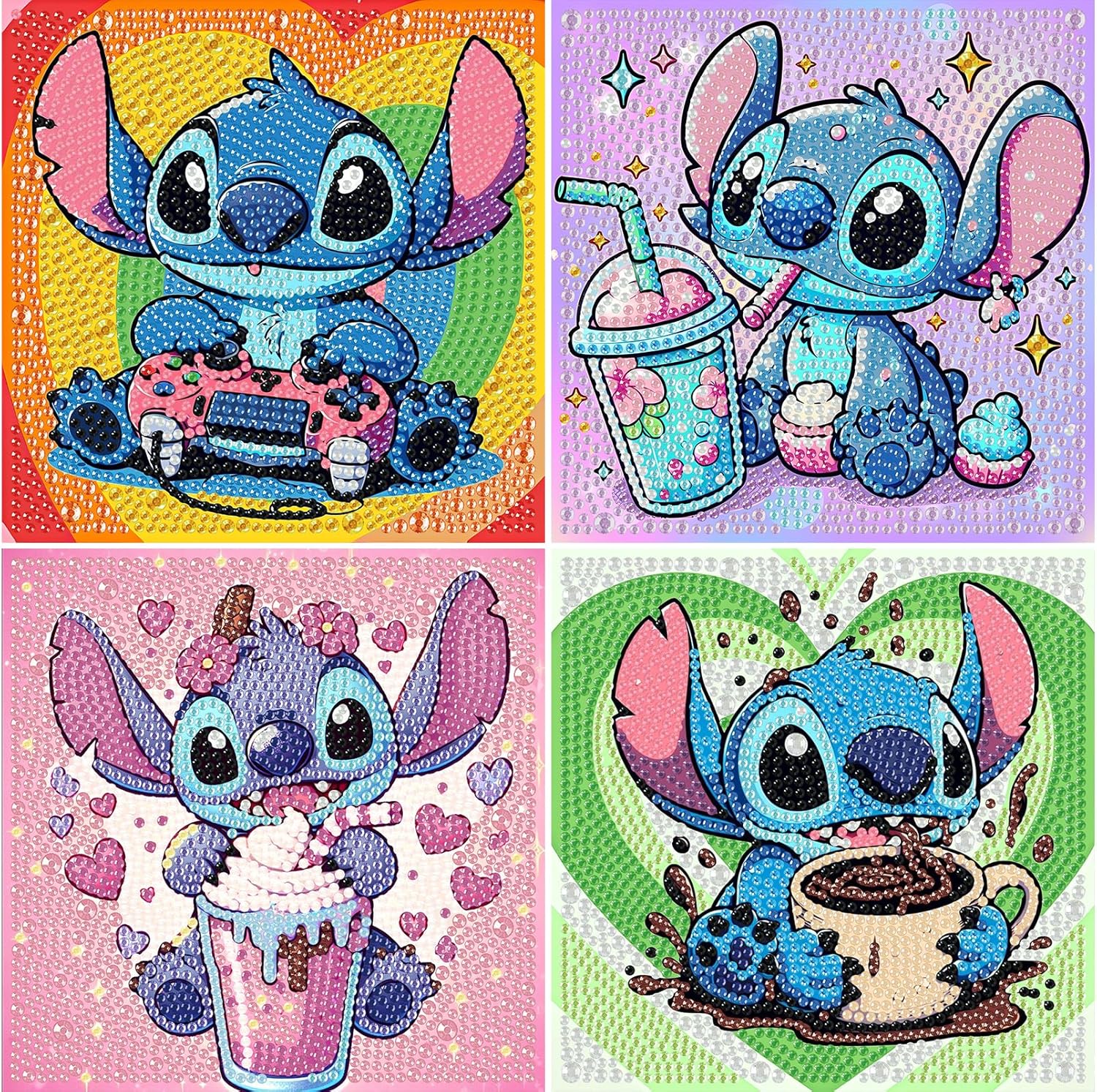 KOJEFCV diamond art painting kits showing the four cartoon Stitch designs front view