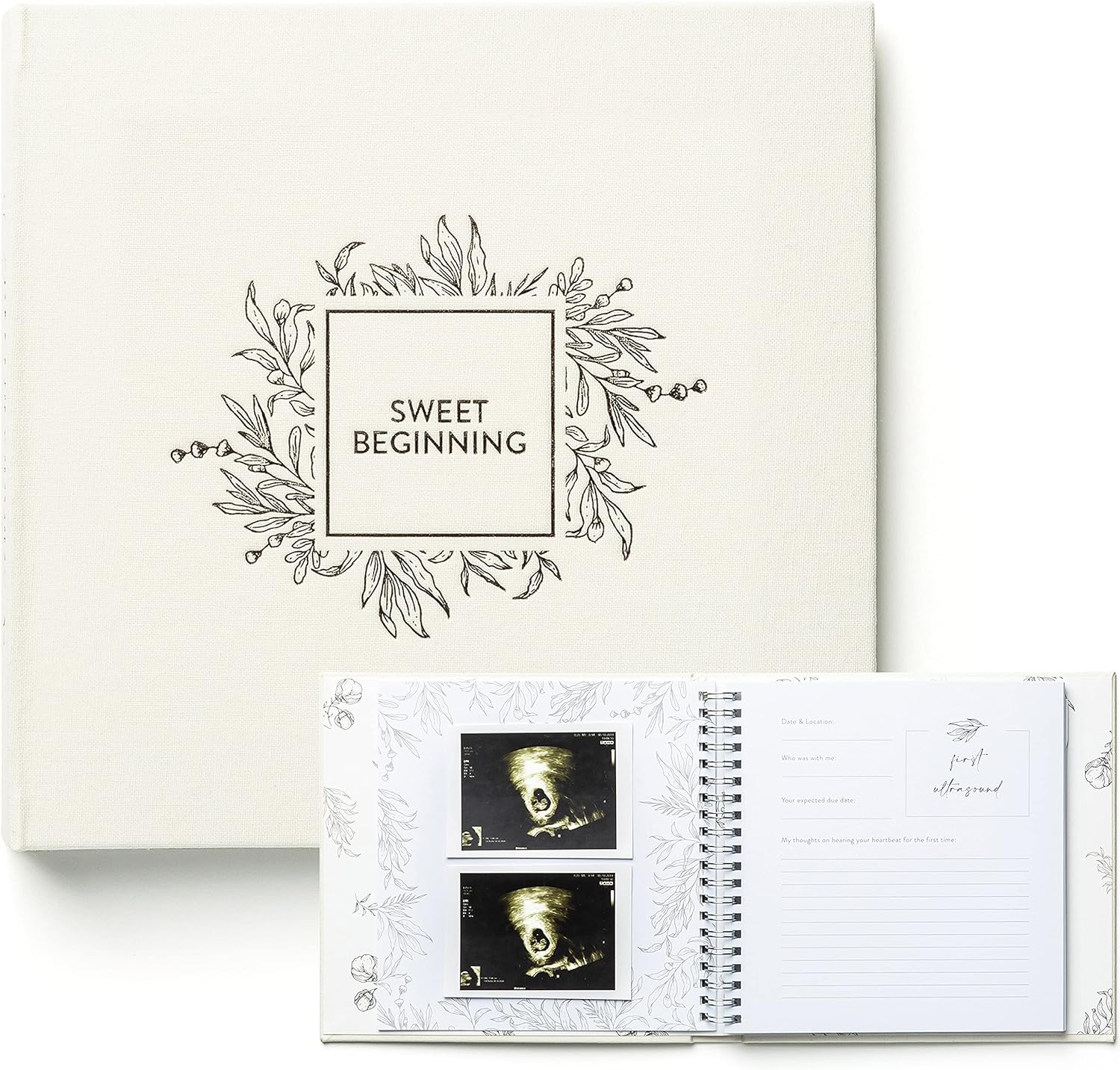 ZIRI & ZANE Sweet Beginning keepsake pregnancy journal front view showing the elegant grey linen cover with silver foil lettering