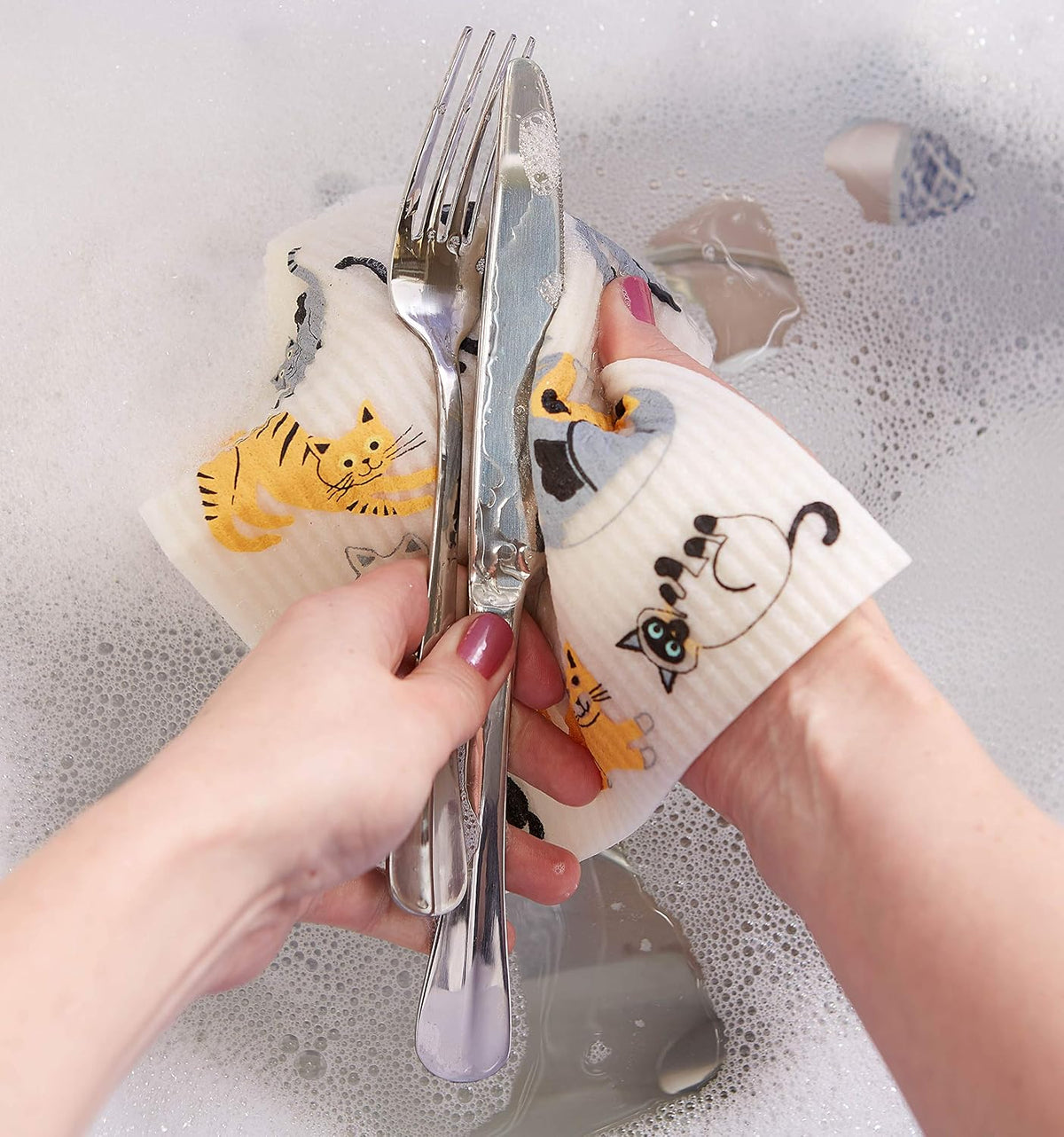 DII cellulose dishcloth absorbing liquid on kitchen counter