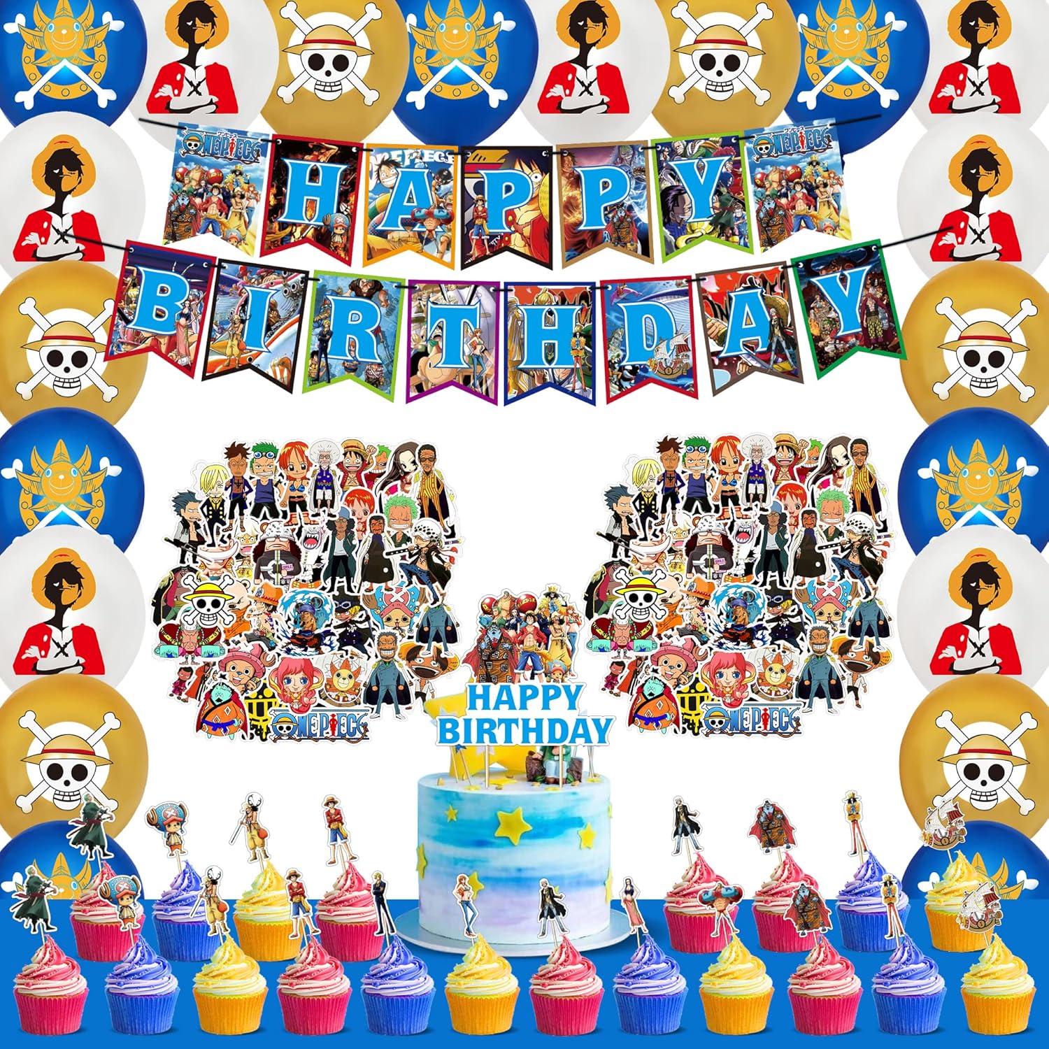 Comoist One Piece anime party supplies set front view featuring banner and balloons