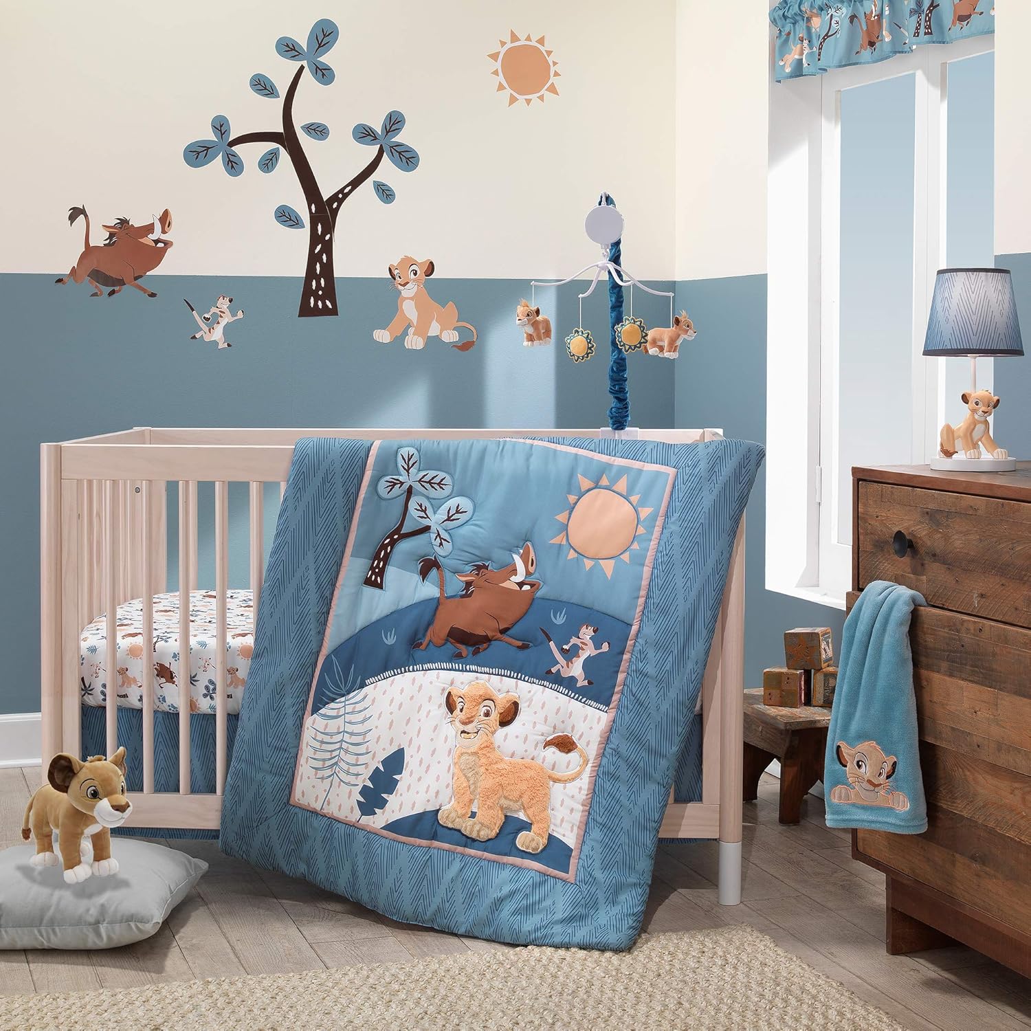 Lambs & Ivy Lion King Adventure Three Piece Crib Bedding Set front view featuring embroidered Simba quilt
