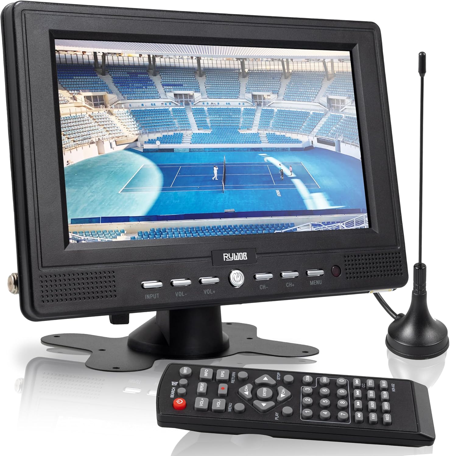 Rywob 7 inch portable television front view showing clear LCD screen display with external antenna attached.