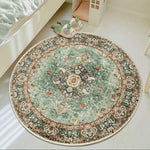 Sage green boho vintage circular carpet angled texture close up