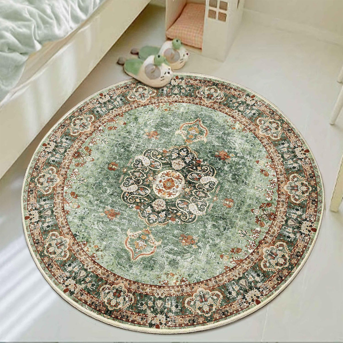 Sage green boho vintage circular carpet angled texture close up