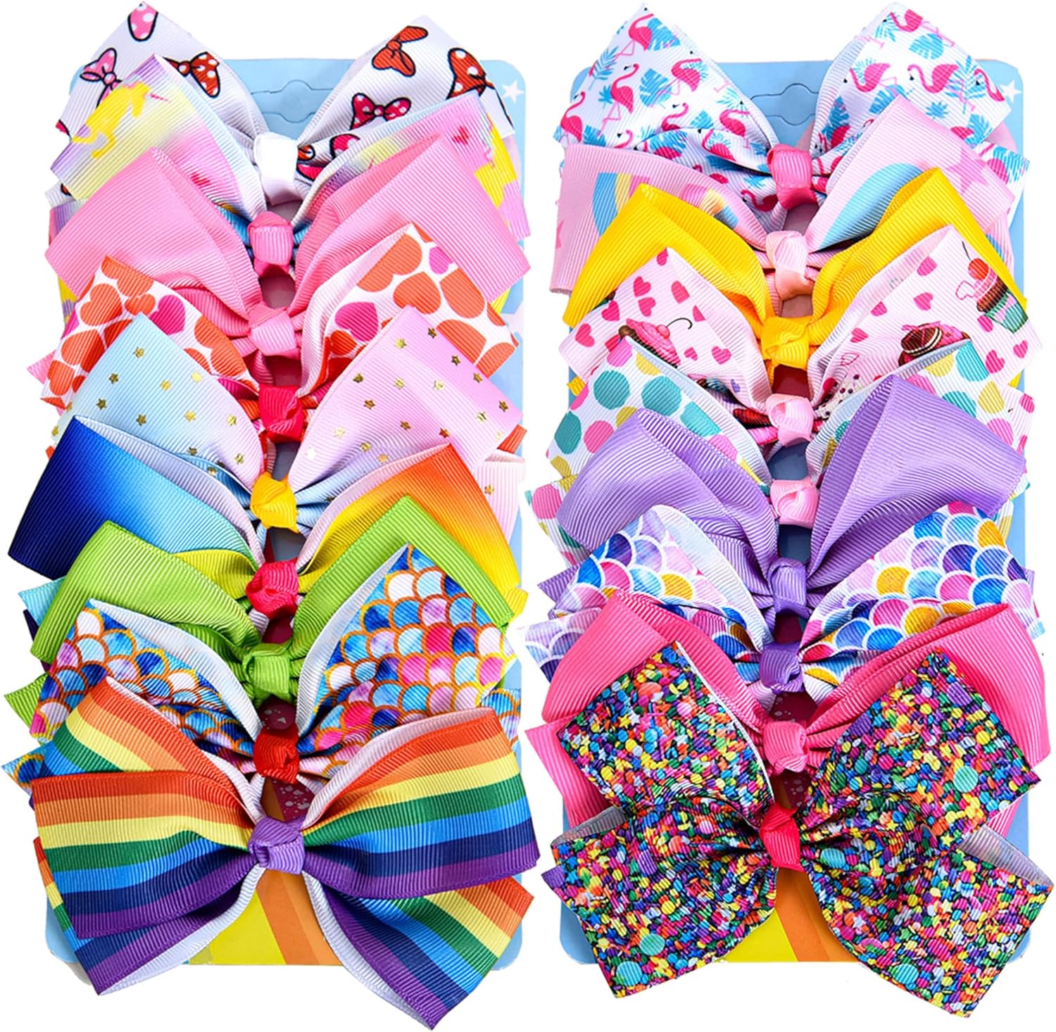 Dwenarry 18 piece rainbow and heart grosgrain hair bow clips front view