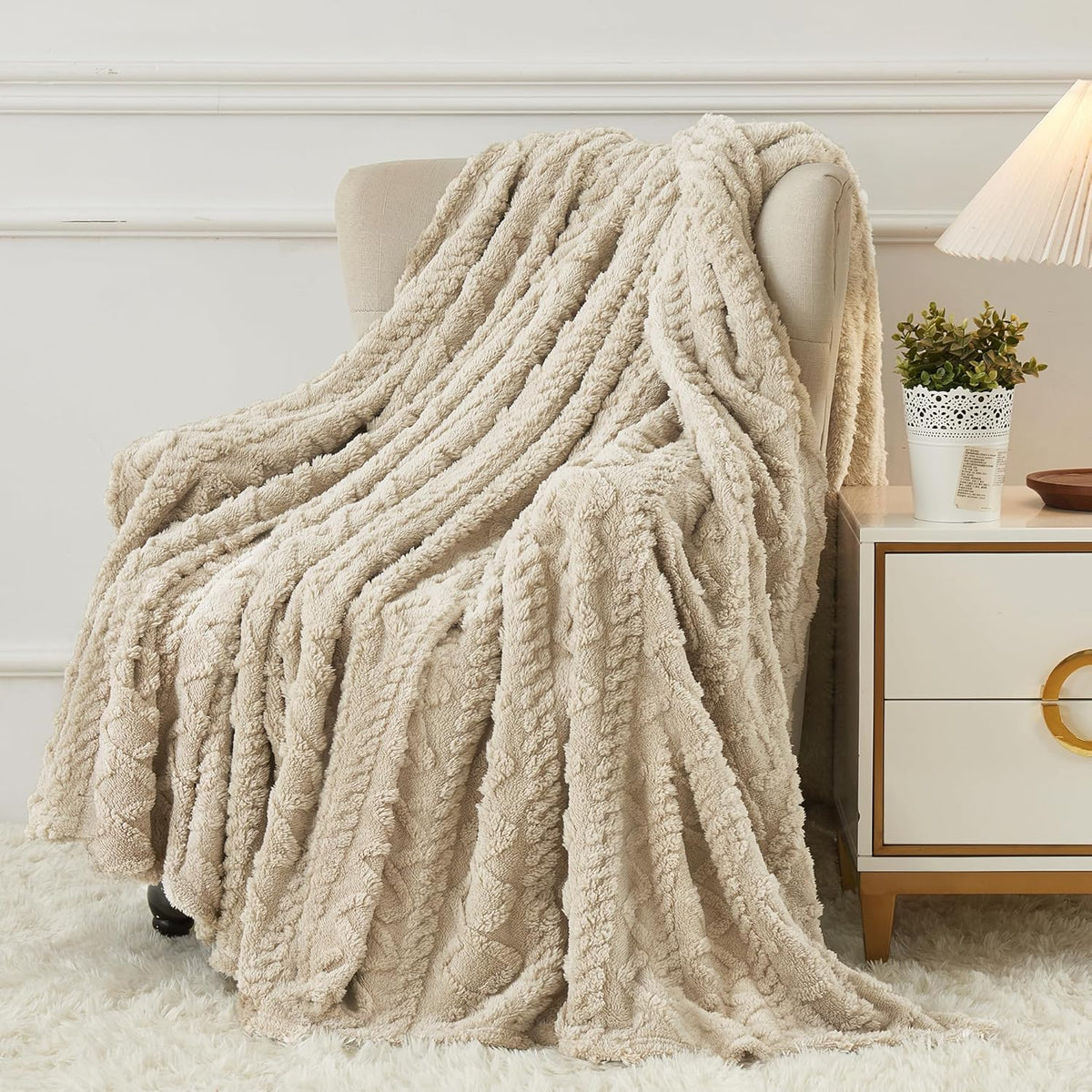 Aganear fleece throw blanket in khaki front view