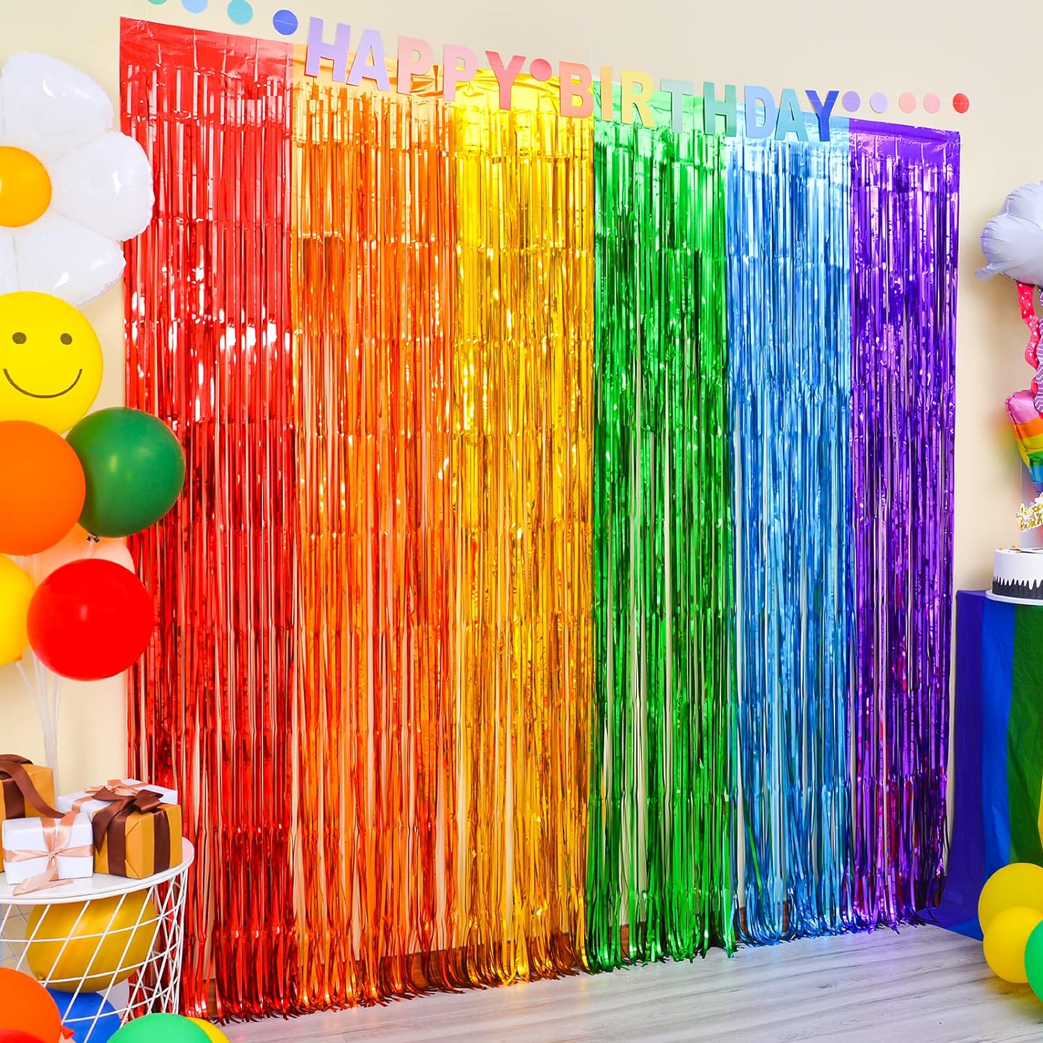 LOLStar rainbow party decorations two pack foil fringe curtains front view hanging on a party wall