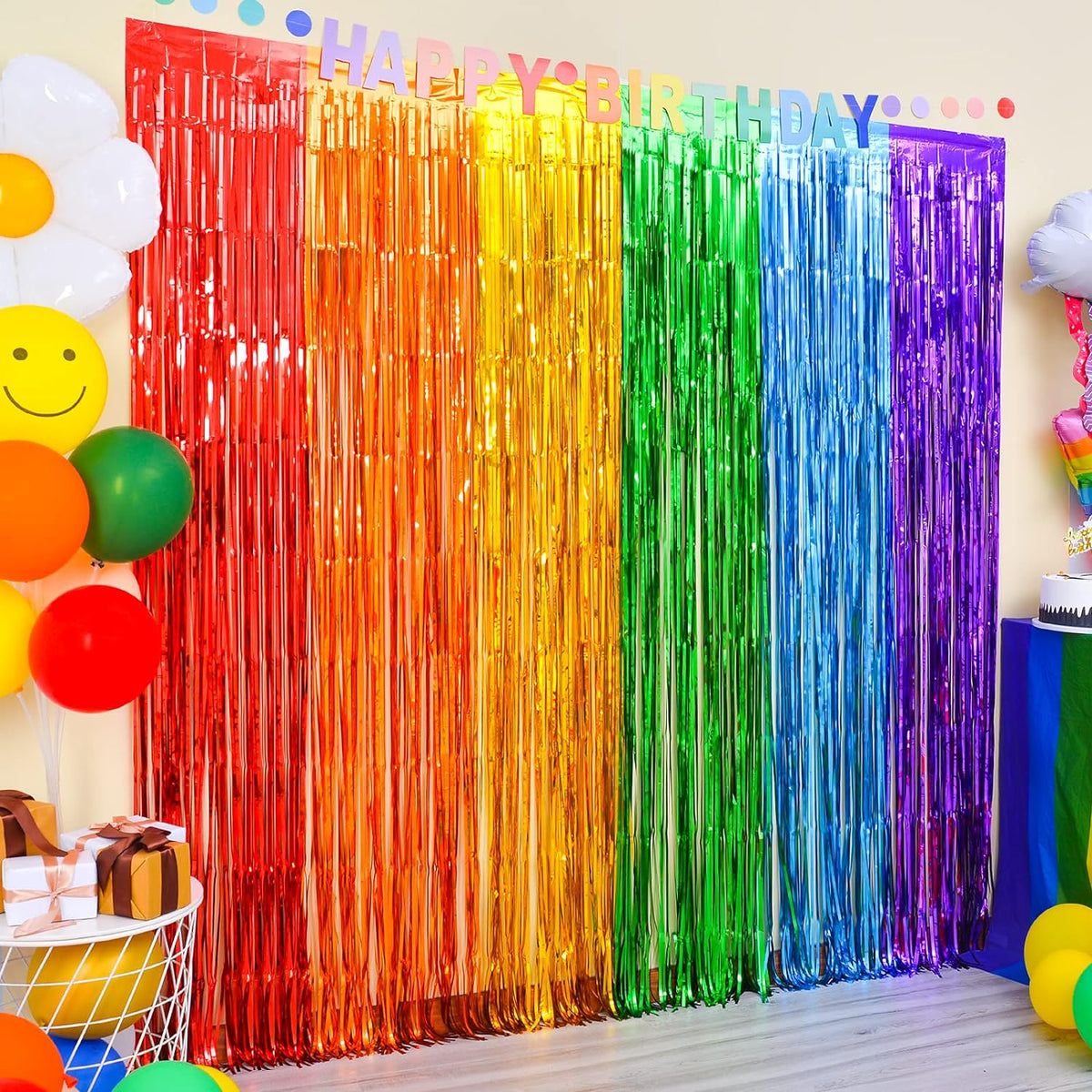 LOLStar rainbow party decorations two pack foil fringe curtains front view hanging on a party wall