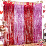 LOLStar Valentines Foil Fringe Curtains front view of three pack red and pink metallic tinsel background