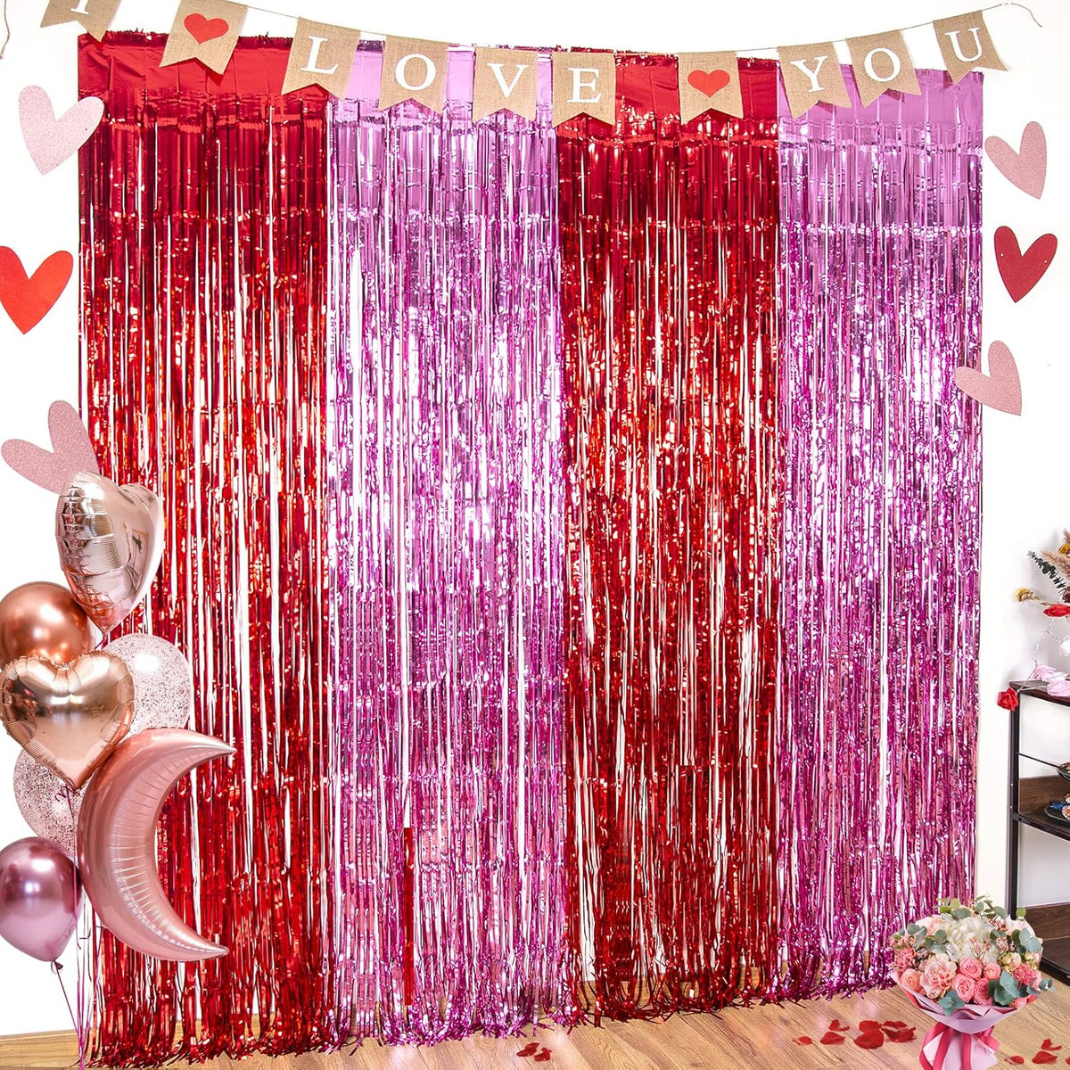 LOLStar Valentines Foil Fringe Curtains front view of three pack red and pink metallic tinsel background