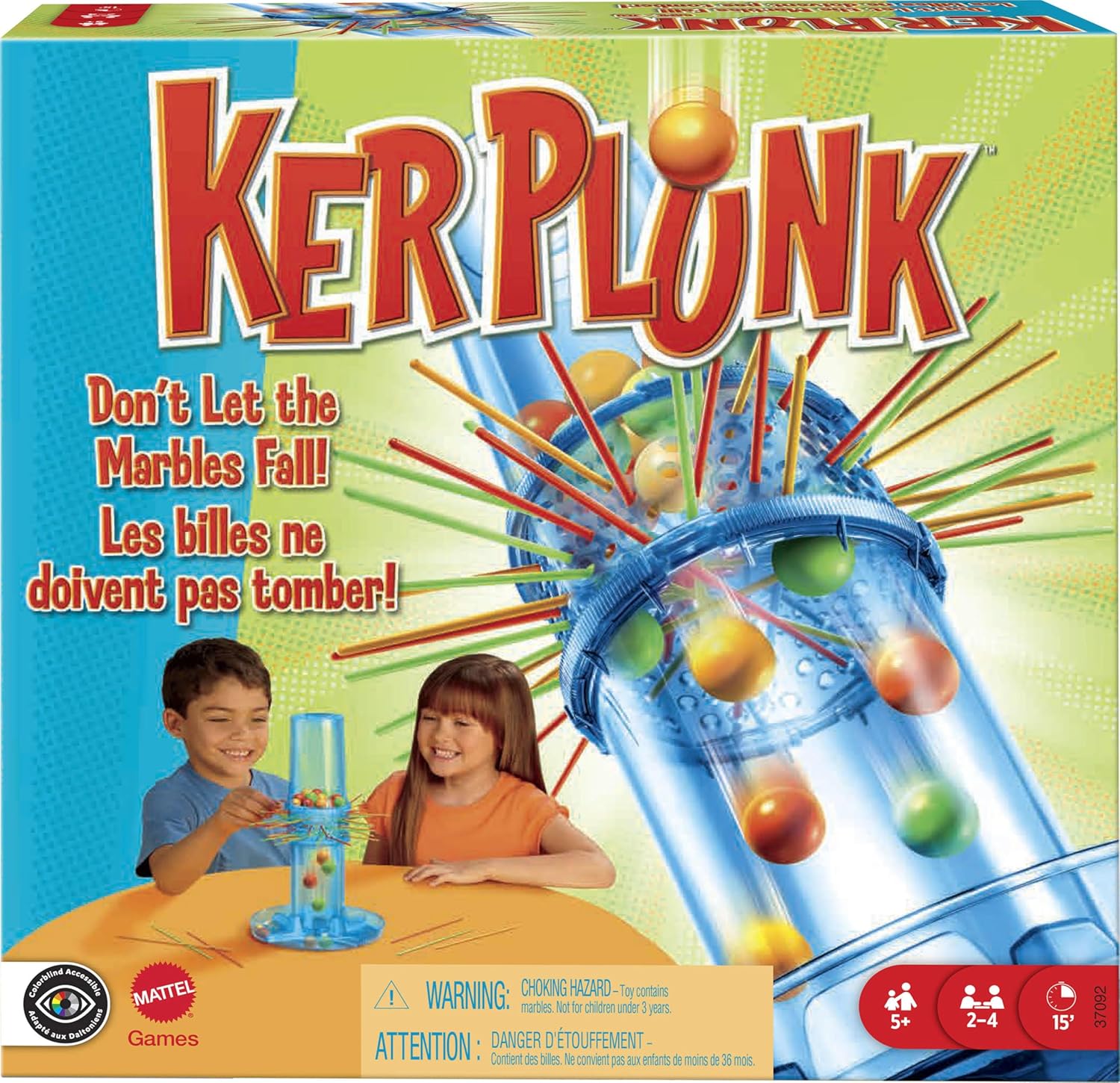 Mattel Games KerPlunk kids tabletop game front view box packaging.