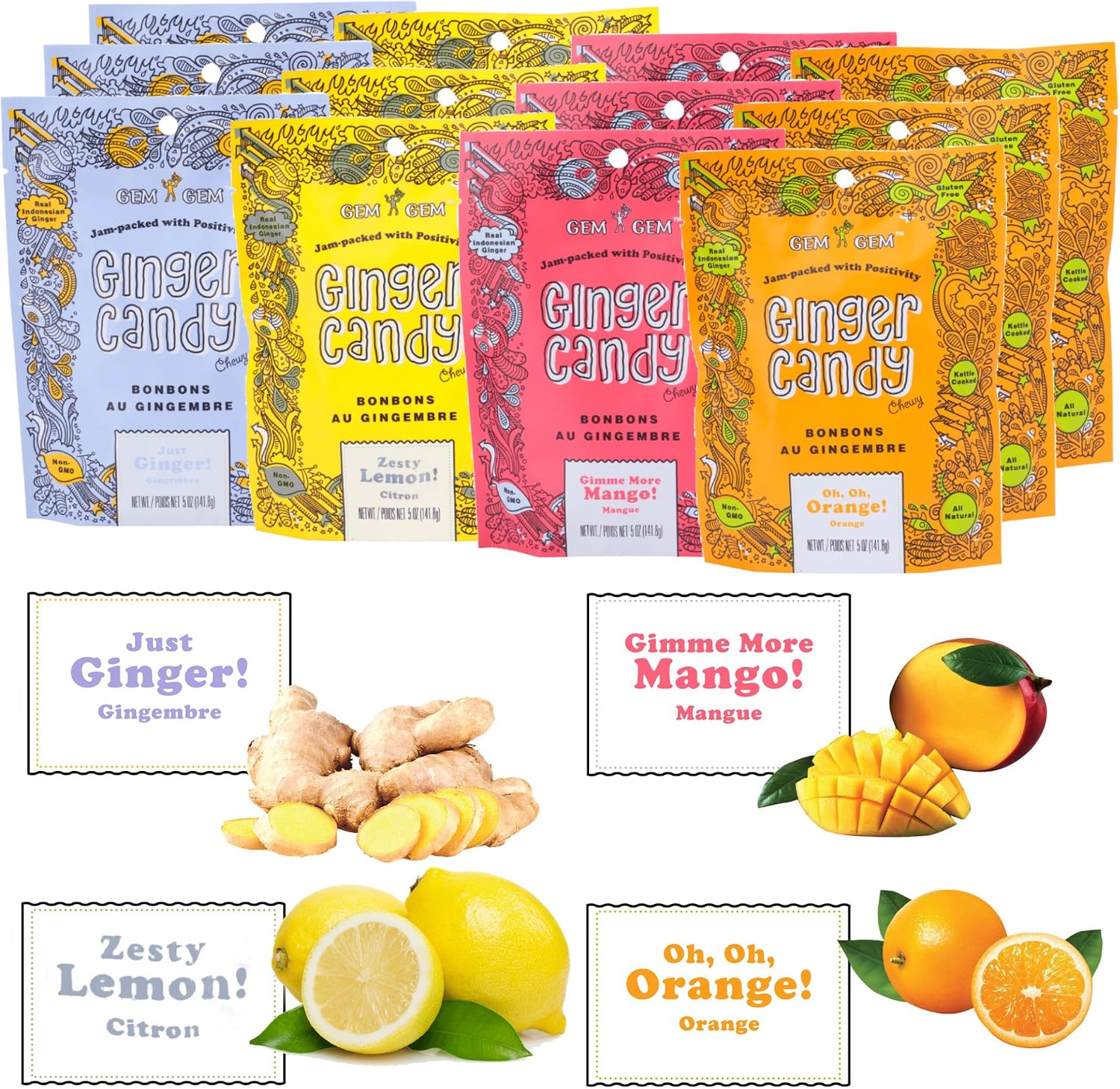 Gem Gem Ginger Candy Chewy Ginger Chews Assorted Mix front packaging view showcasing real ginger wellness benefits.