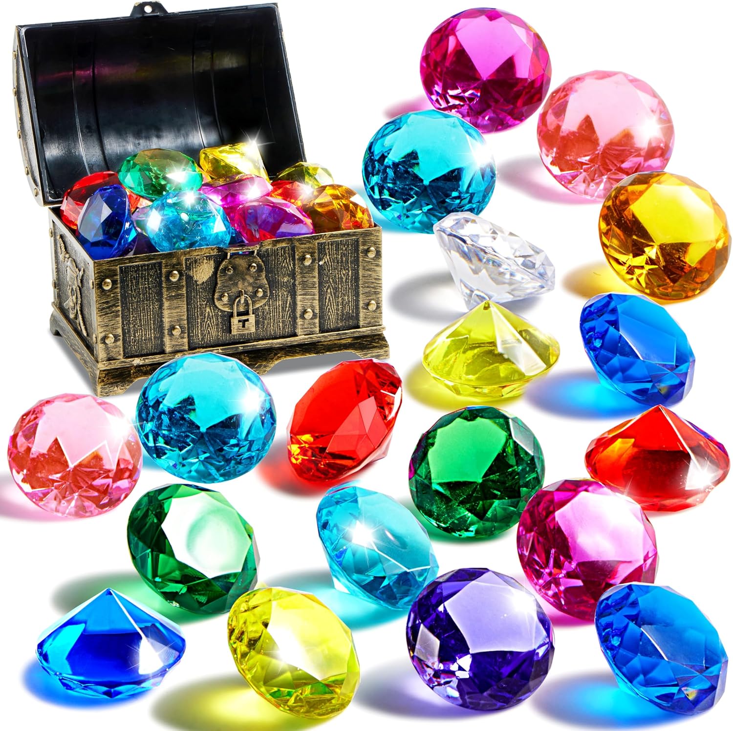 Sloosh Diving Gems Pool Toys front view showing sixteen colorful large acrylic diamonds scattered next to a vintage plastic pirate treasure chest