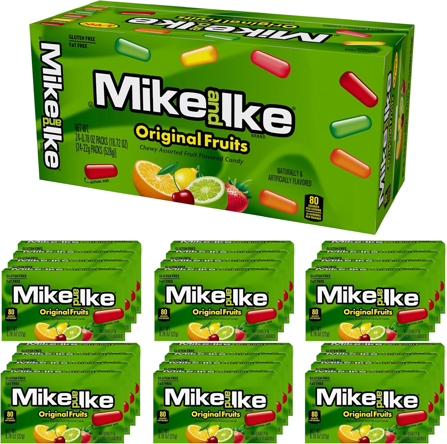 The Hampton Candy Company Mike and Ike Original Fruits pack of 24 front view showing authentic imported packaging.