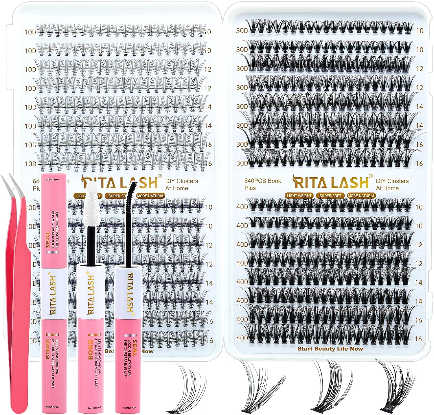 Lash Extension Kit 10D+20D+30D+40D DIY Lash Clusters 640pcs Cluster Lashes Individual Lashes Eyelash Extension Kit with Lash Bond and Seal,Lash Tweezers(10D+20D+30D+40D Kit,10-16mm) - Image 1