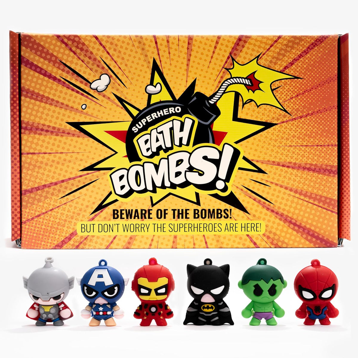 Cosmetics Stories Superhero Bath Bombs front view showing premium six pack box packaging with colorful comic character illustrations
