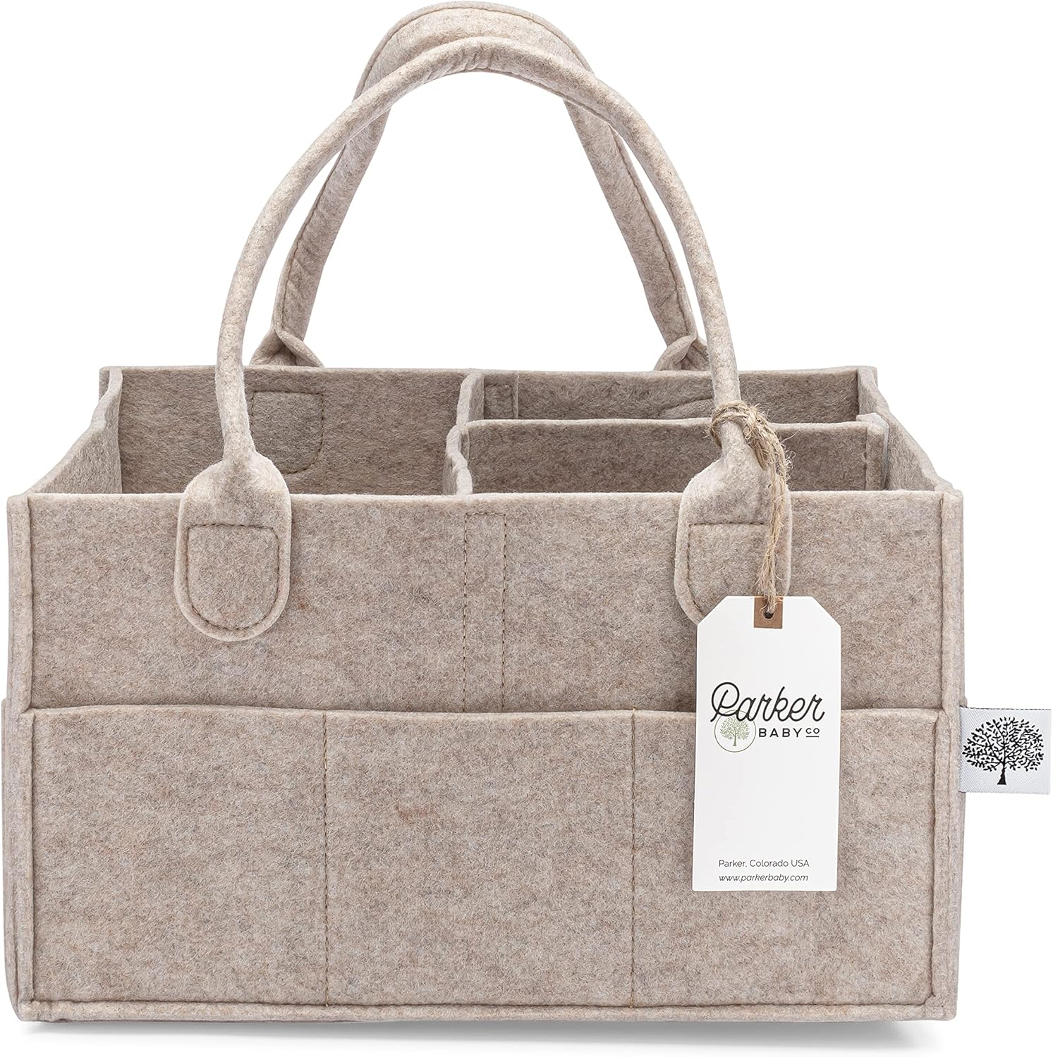 Parker Baby diaper caddy front view in oatmeal color