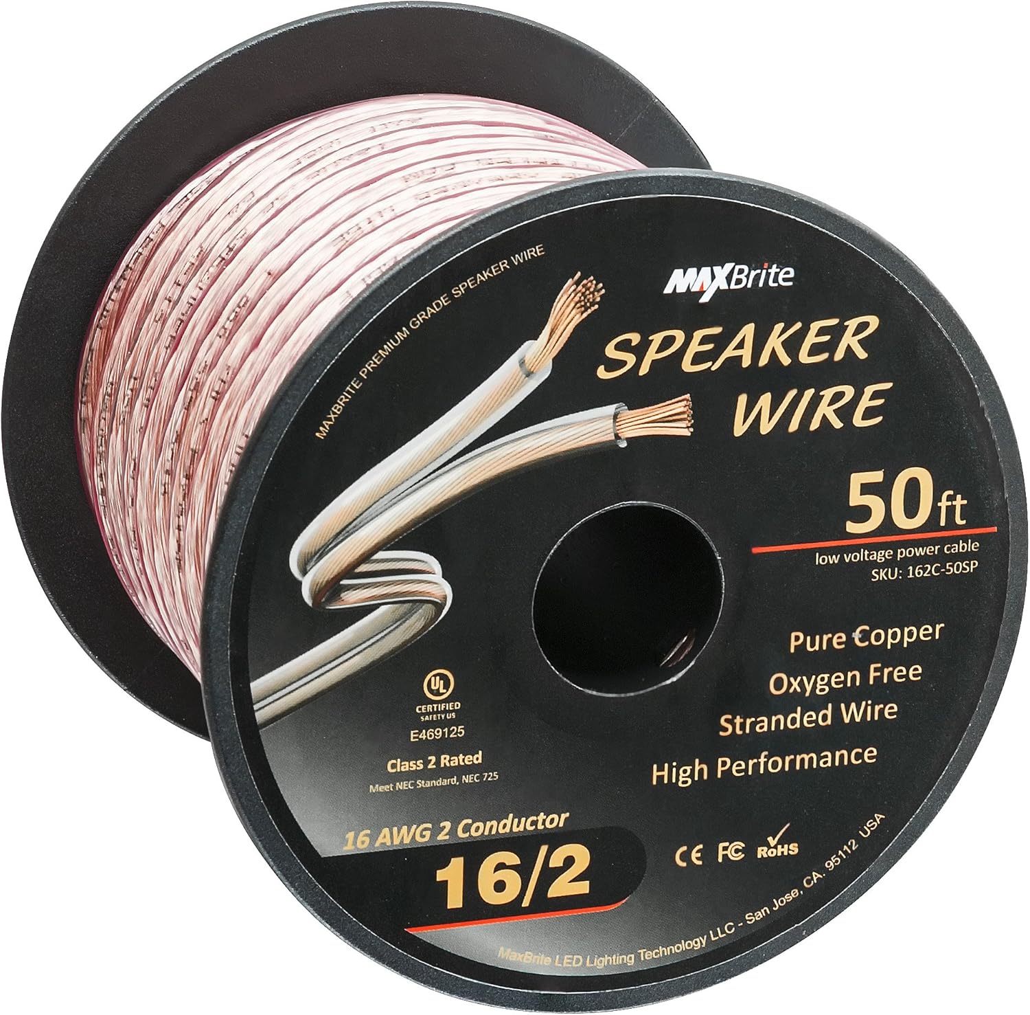 MaxBrite 16 gauge oxygen free speaker wire spool front view