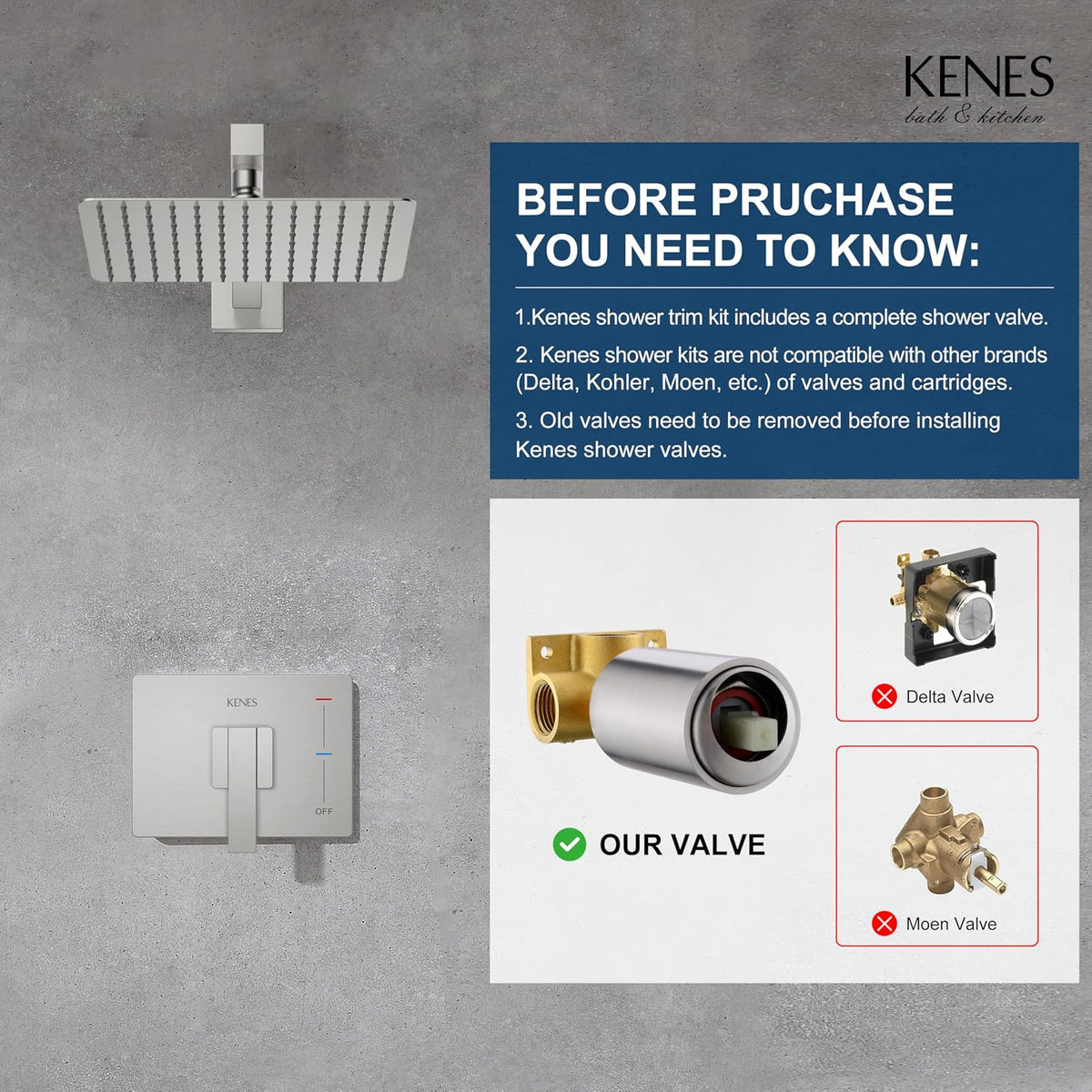 Kenes shower faucet system pressure-balancing valve and trim kit components