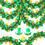 ZICZLI St Patricks Day Tinsel Garland front view showcasing green and gold metallic shamrock details