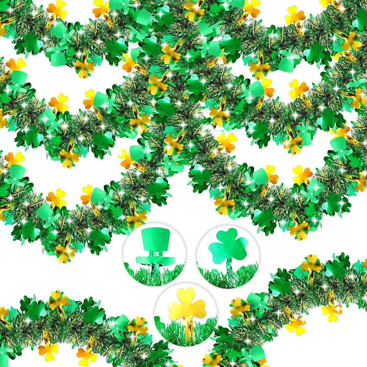 ZICZLI St Patricks Day Tinsel Garland front view showcasing green and gold metallic shamrock details