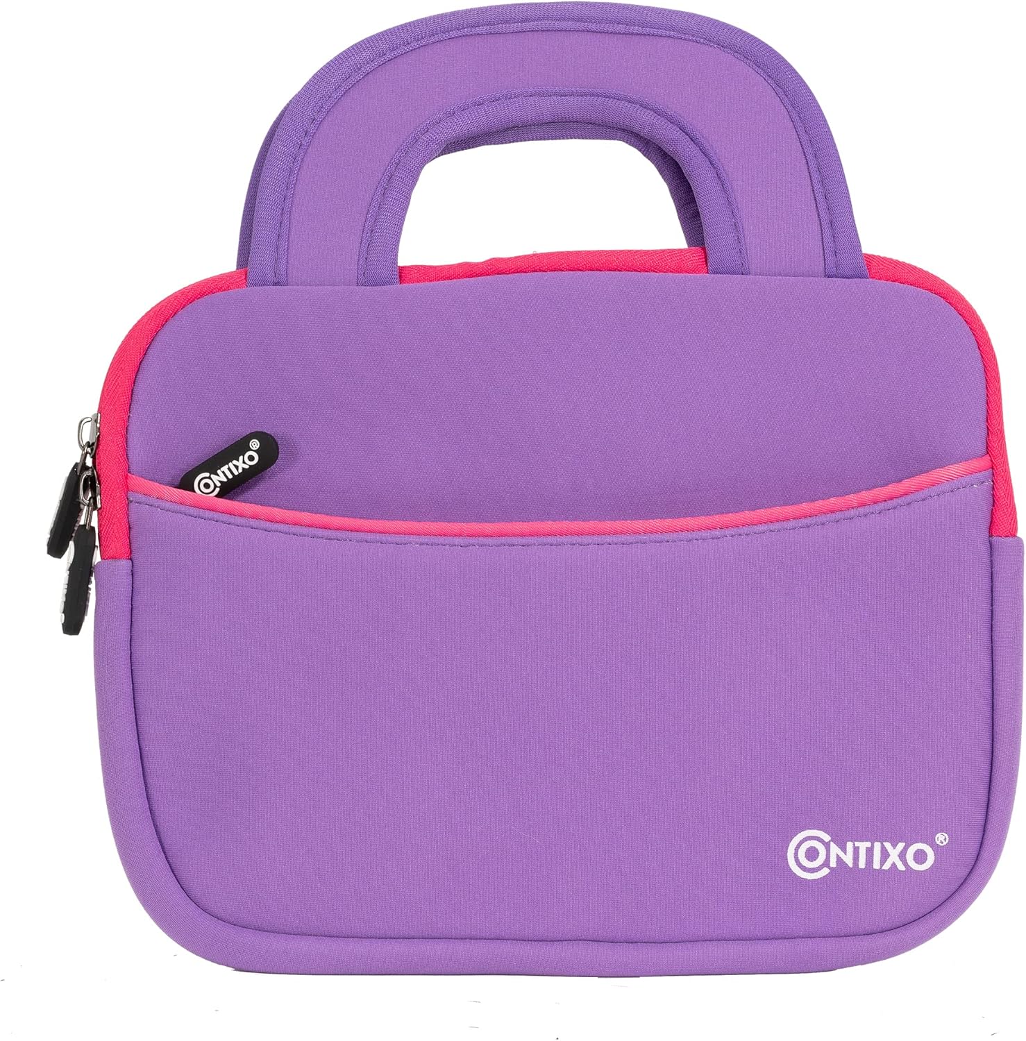 Contixo 7 inch kids tablet sleeve bag purple front view showing pink trim and handles